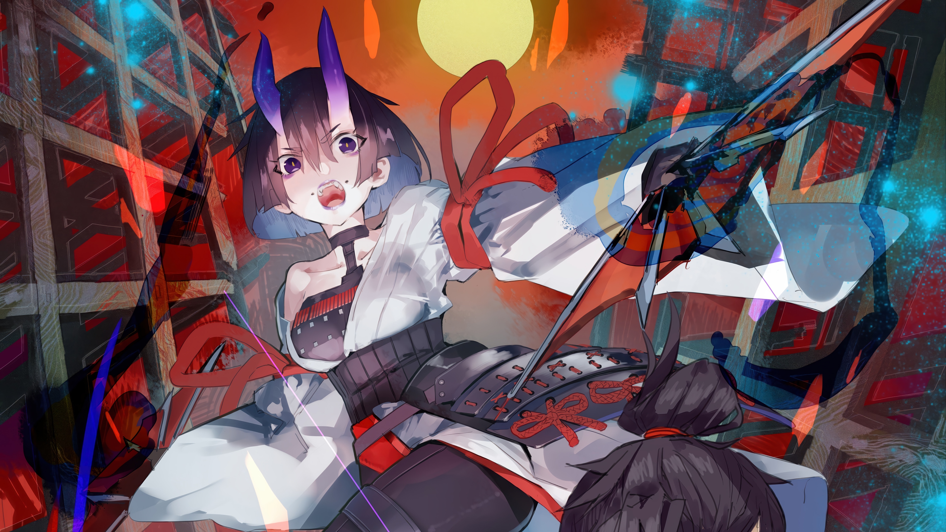 Anime girl with horns and samurai armor HD Wallpaper