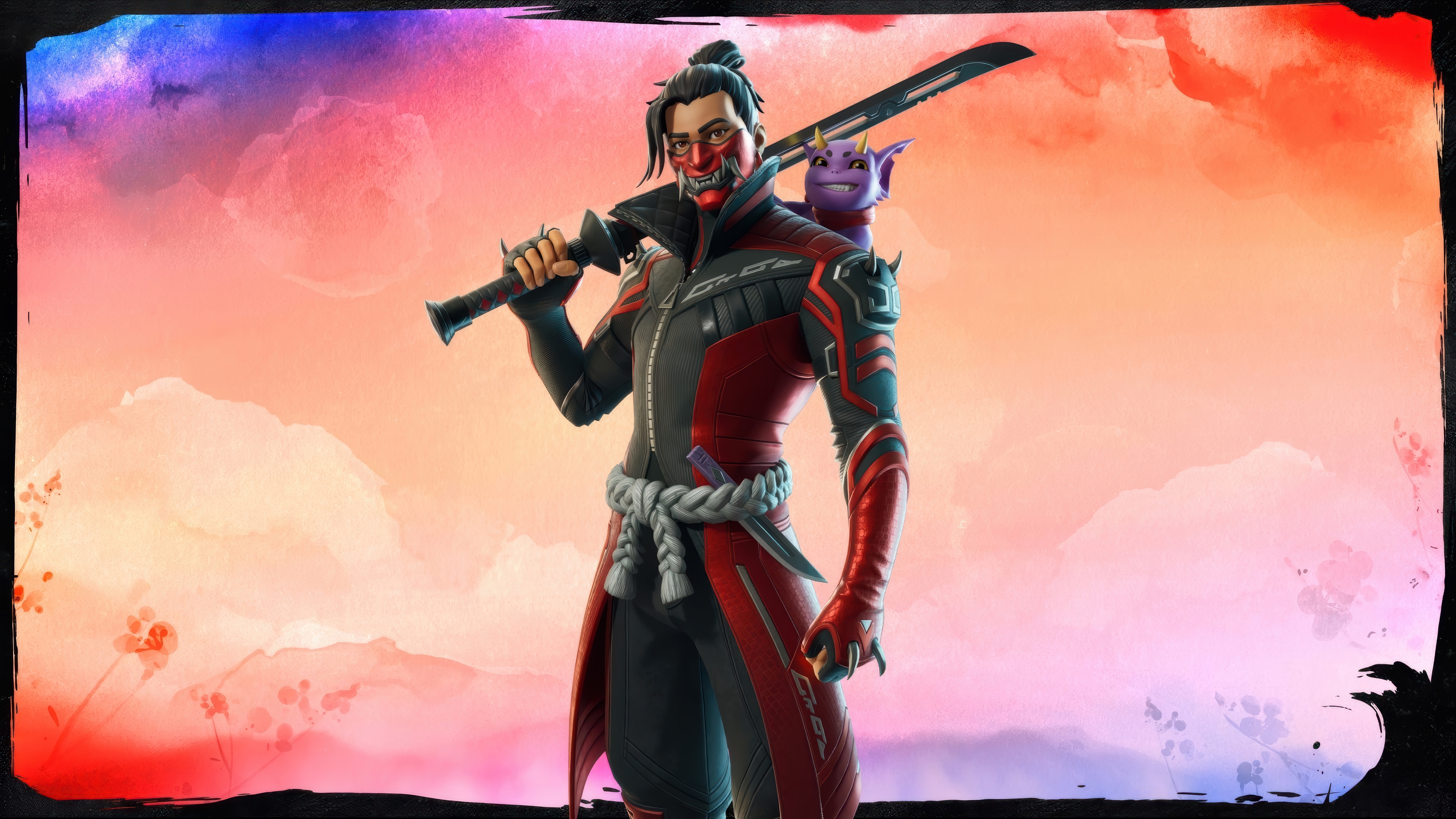 Fortnite character with a sword and a small creature HD Wallpaper