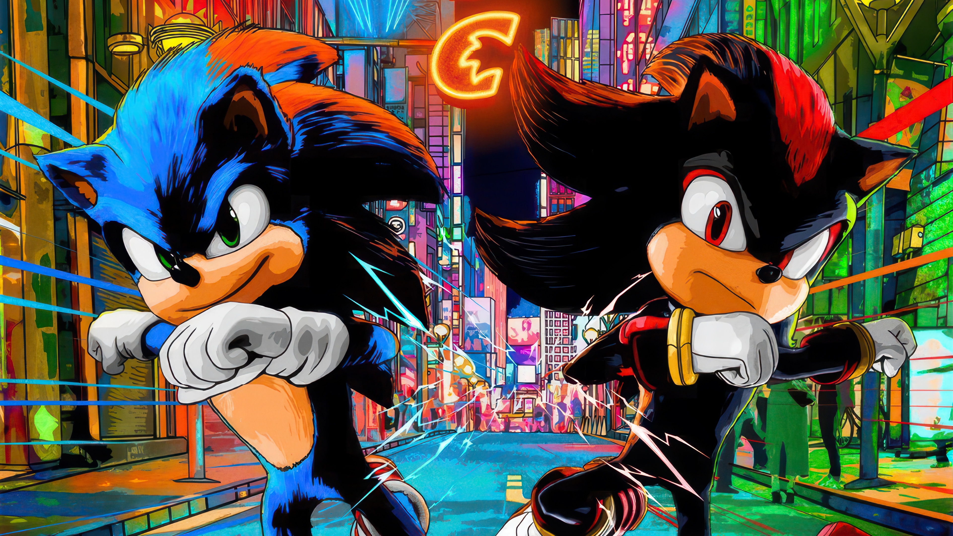 Sonic and Shadow in a Neon City HD Wallpaper