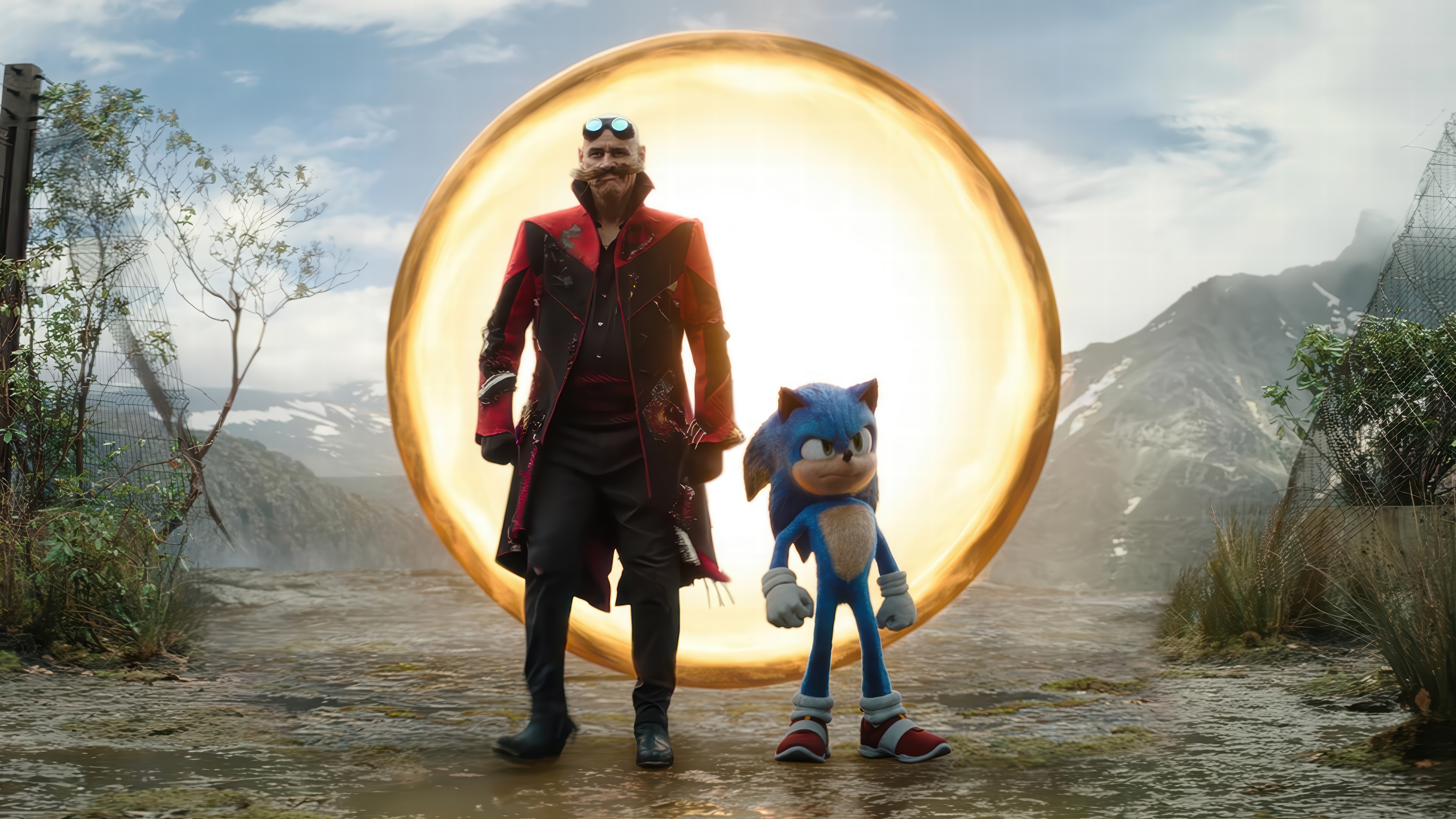 Doctor Eggman and Sonic the Hedgehog in front of a portal HD Wallpaper