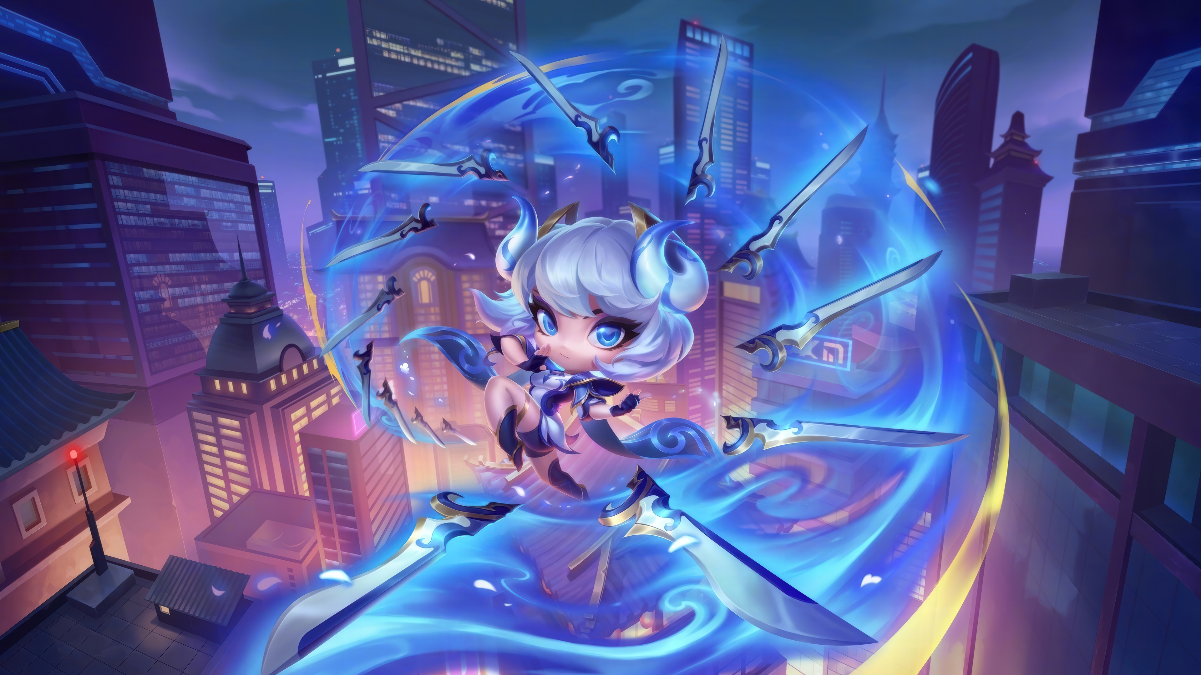 Chibi Irelia with Swords in Cityscape - Teamfight Tactics 4K HD Wallpaper