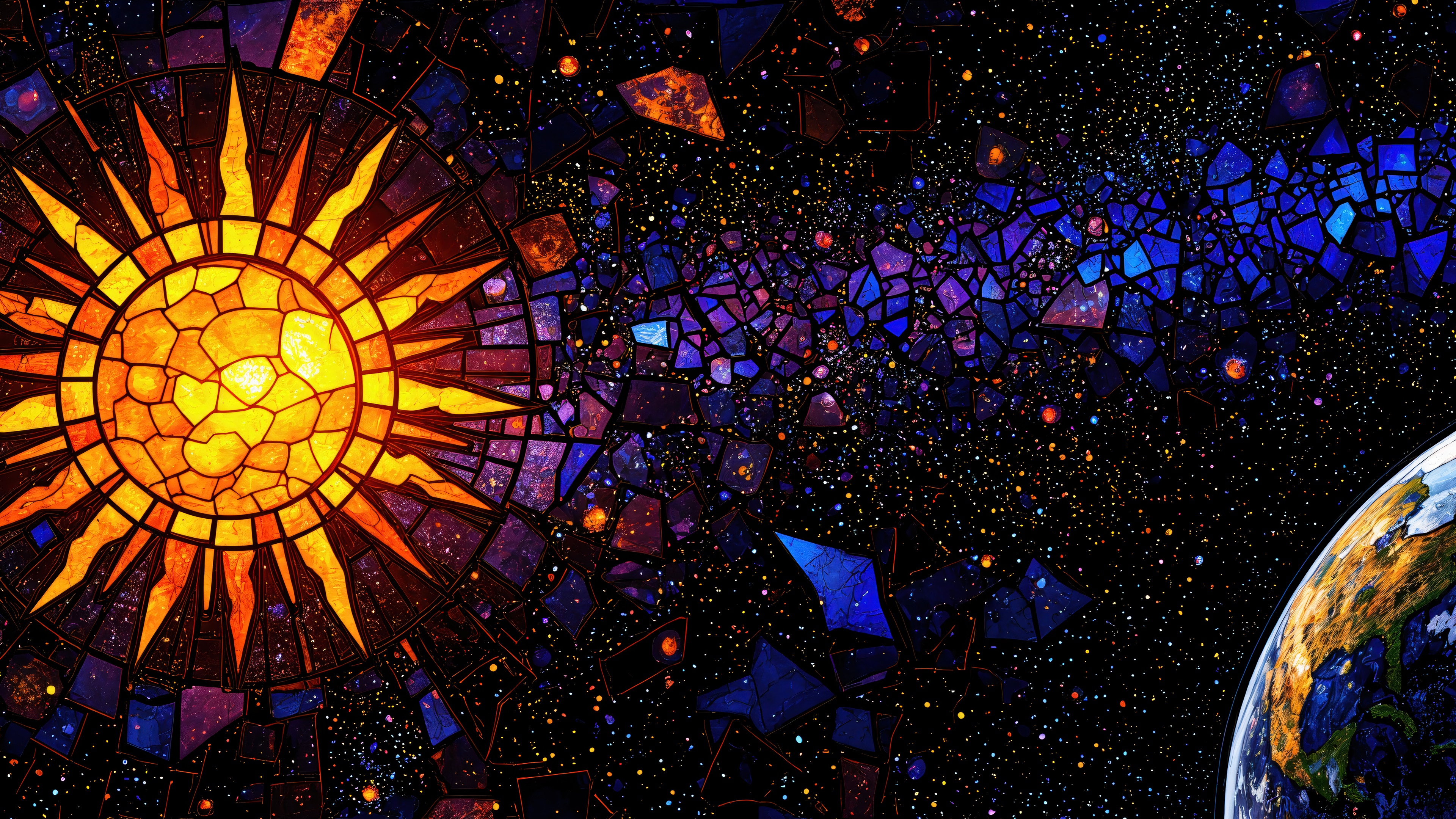 Sun, Earth, and Stars in Space 4K HD Wallpaper