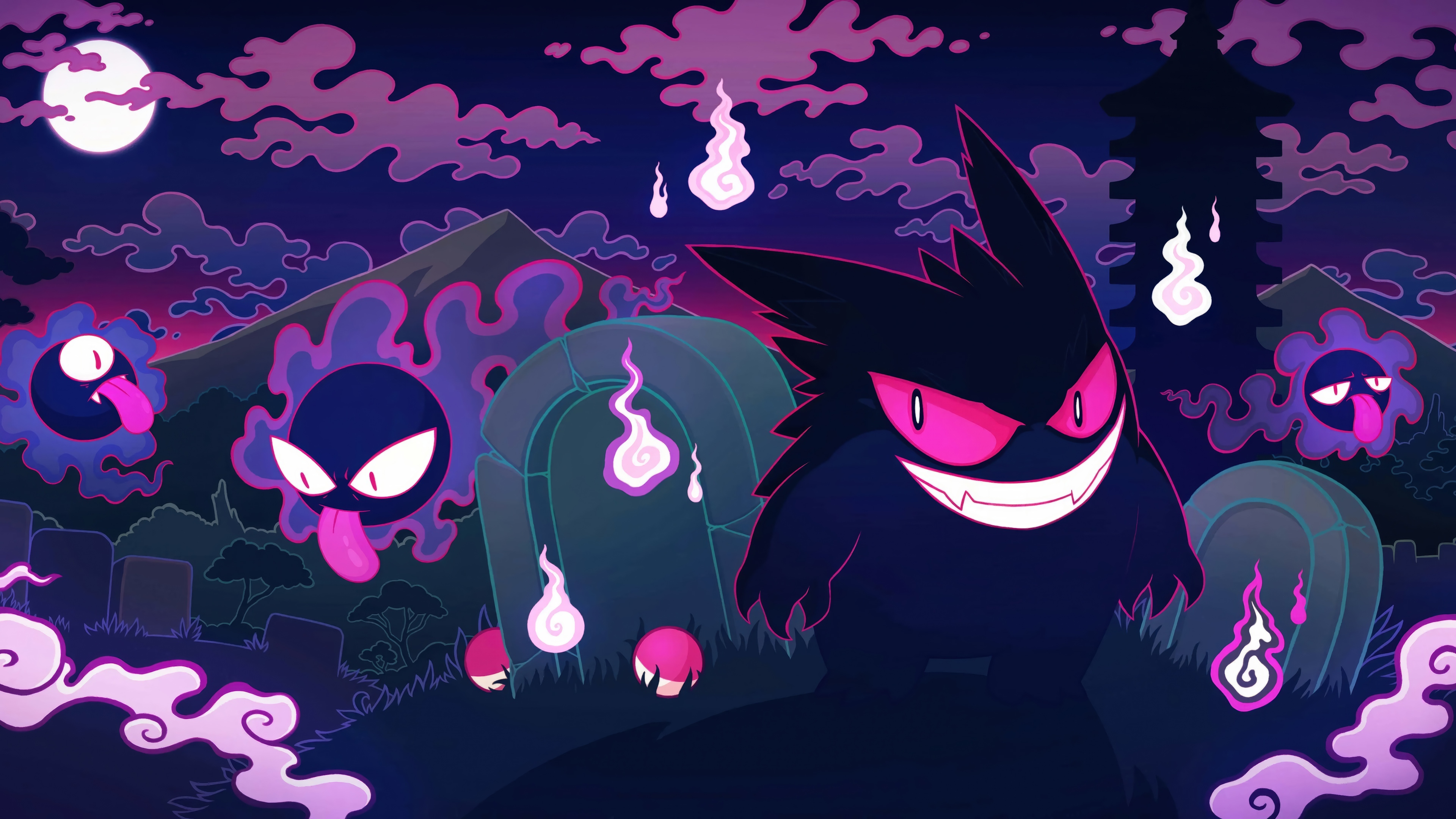 Gengar and Gastly in a Graveyard at Night HD Wallpaper