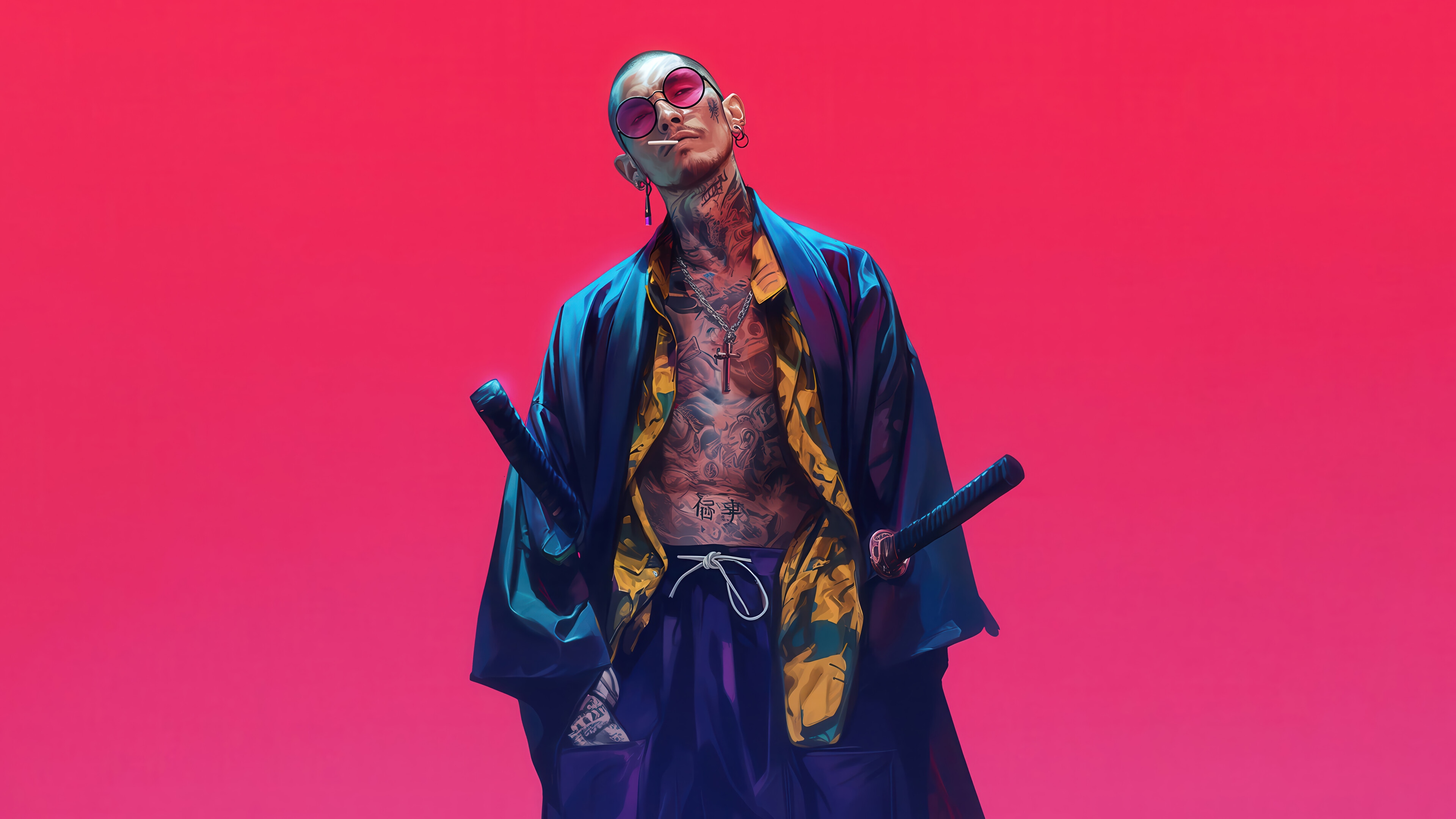 Yakuza Guy with Tattoos and Katanas 4K HD Wallpaper