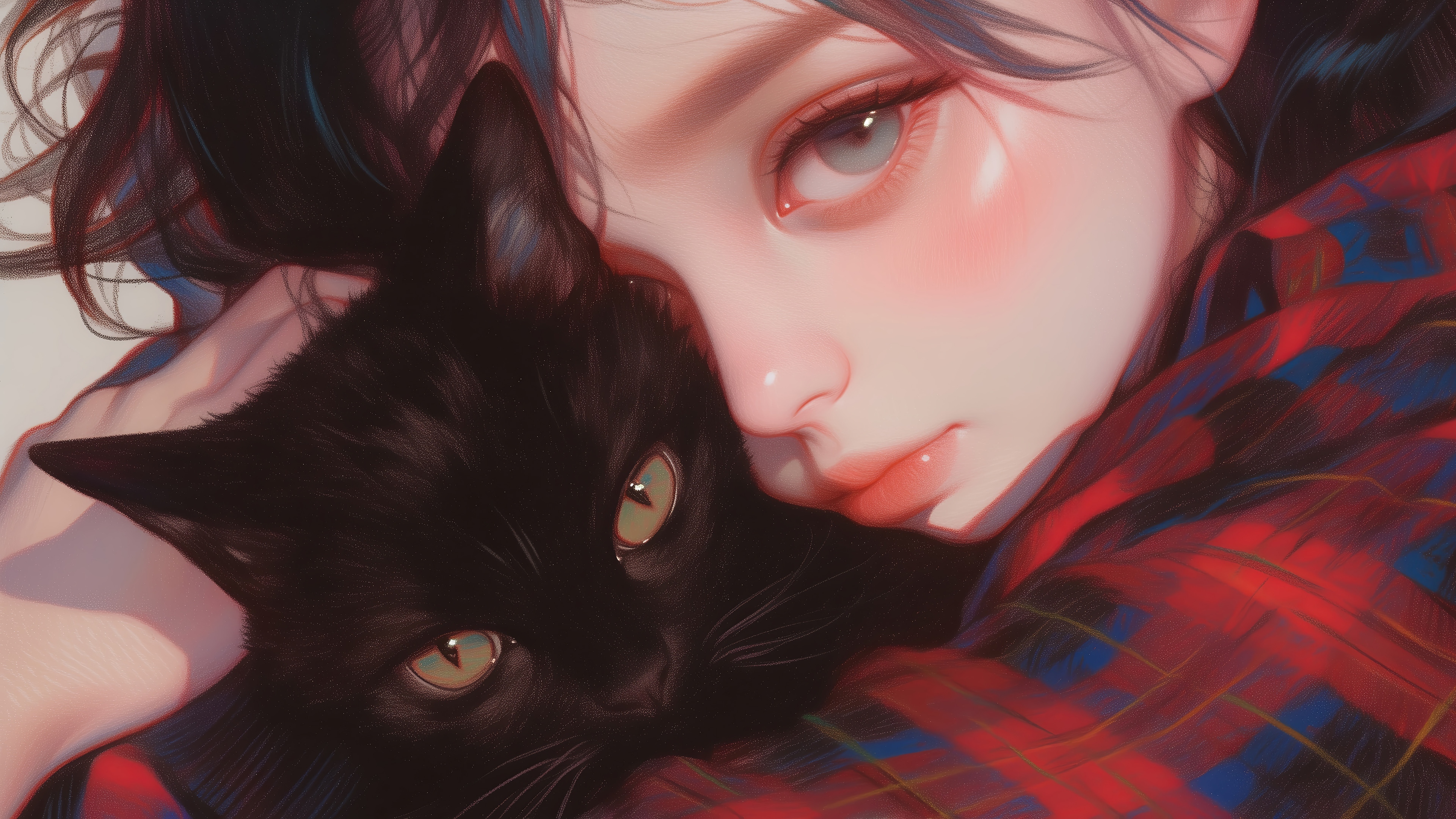 Anime Girl Hugging Black Cat 4K HD Wallpaper