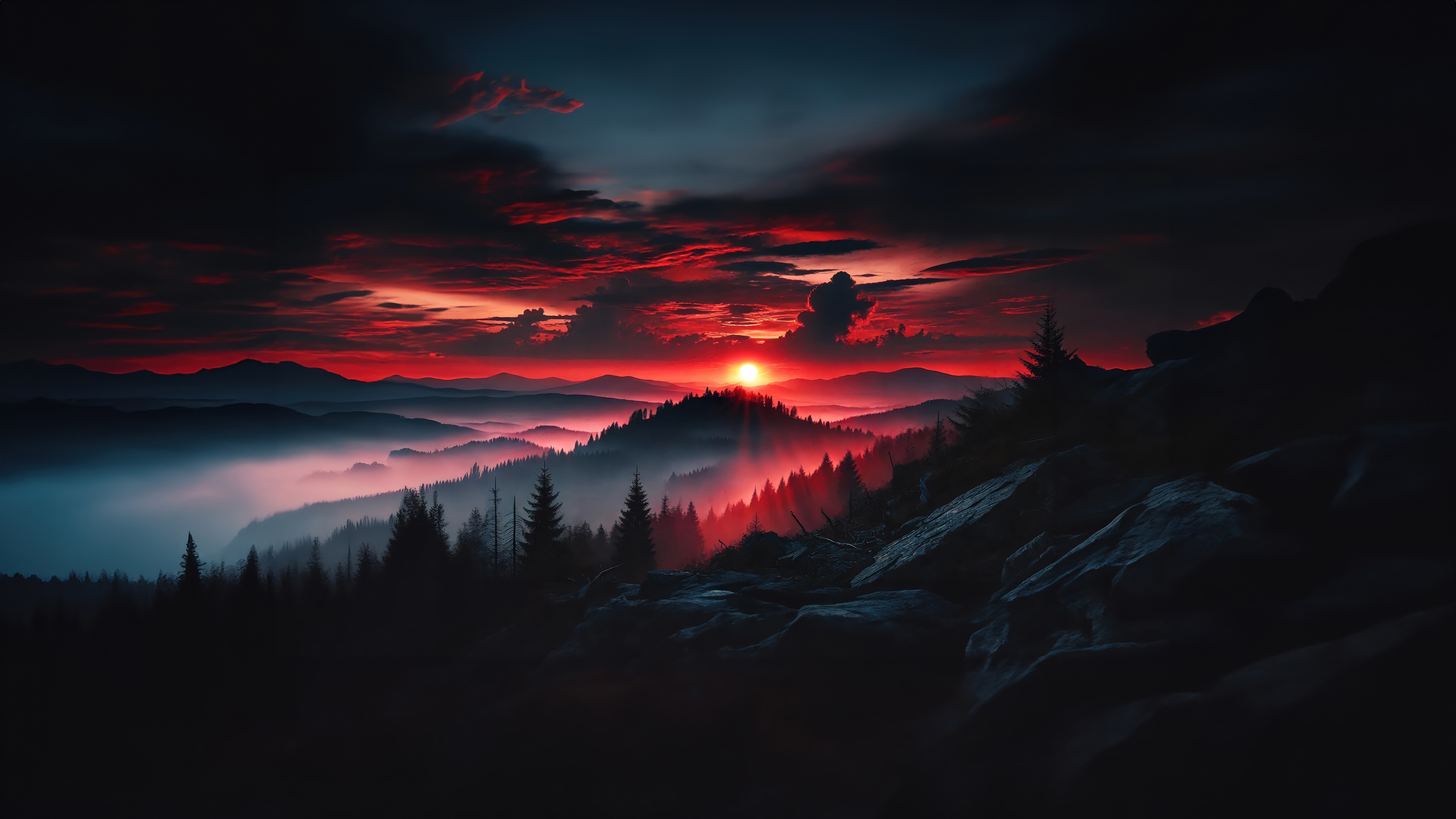 Sunset over misty mountains and forest 4K HD Wallpaper