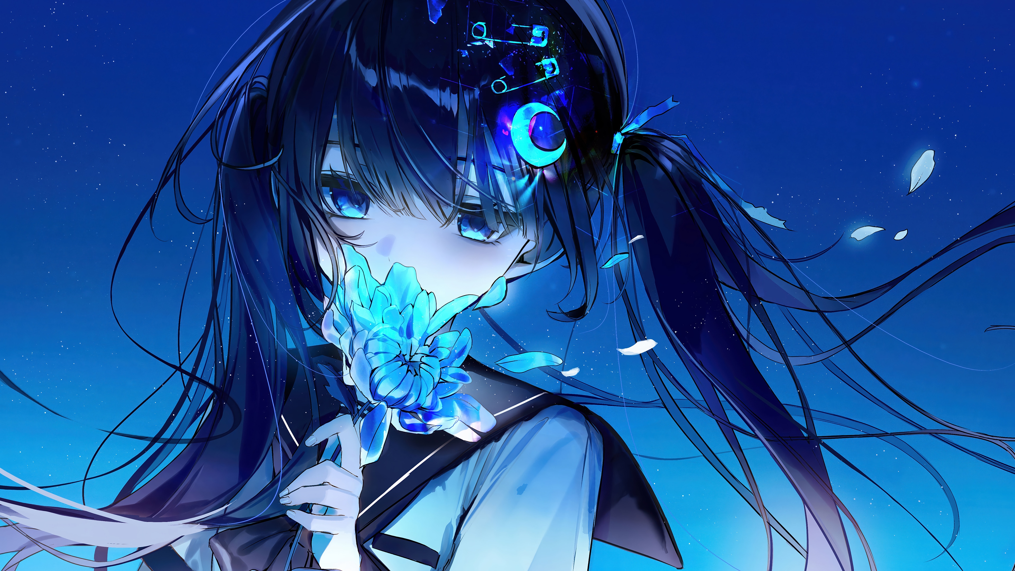 Anime Girl with Blue Flower 4K HD Wallpaper
