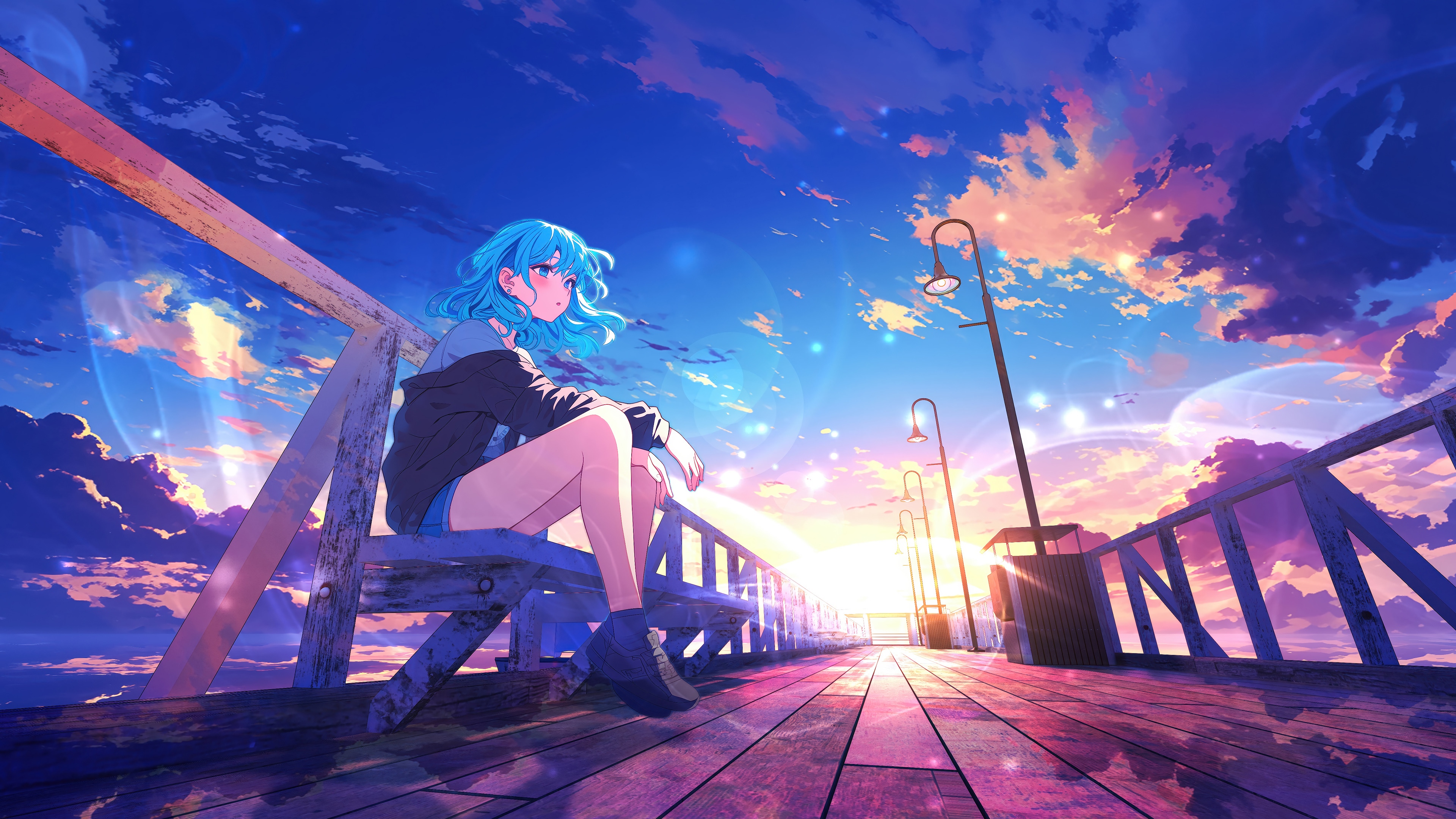 Anime Girl on Pier at Sunrise 4K HD Wallpaper