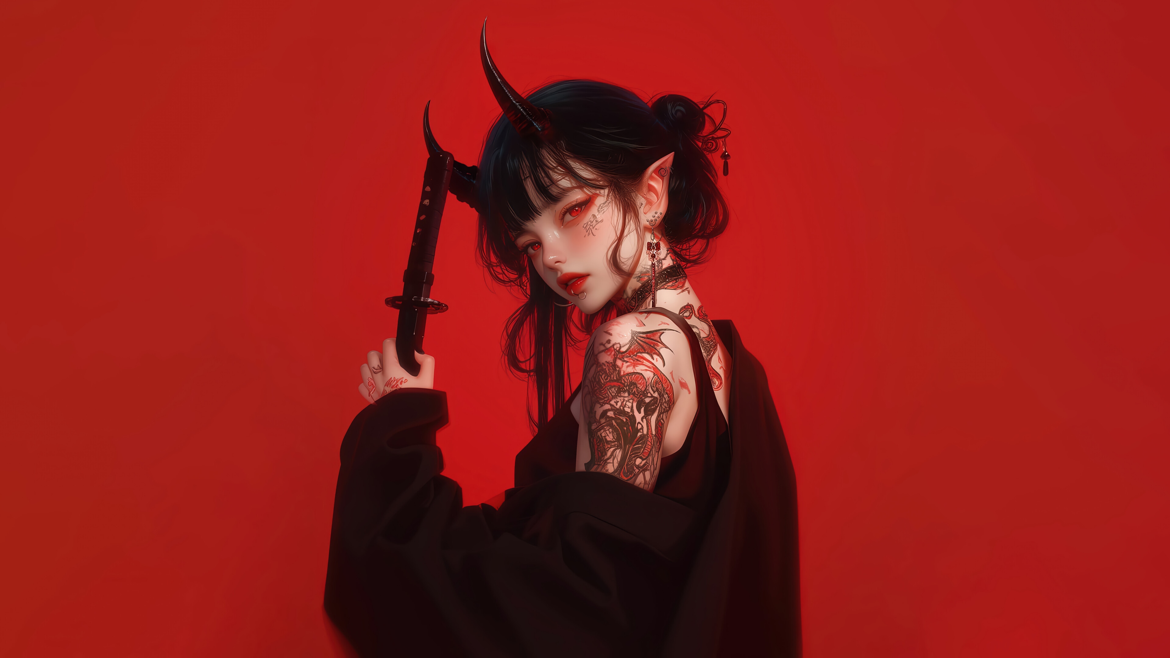 Anime Demon Girl with Katana and Tattoos 4K HD Wallpaper