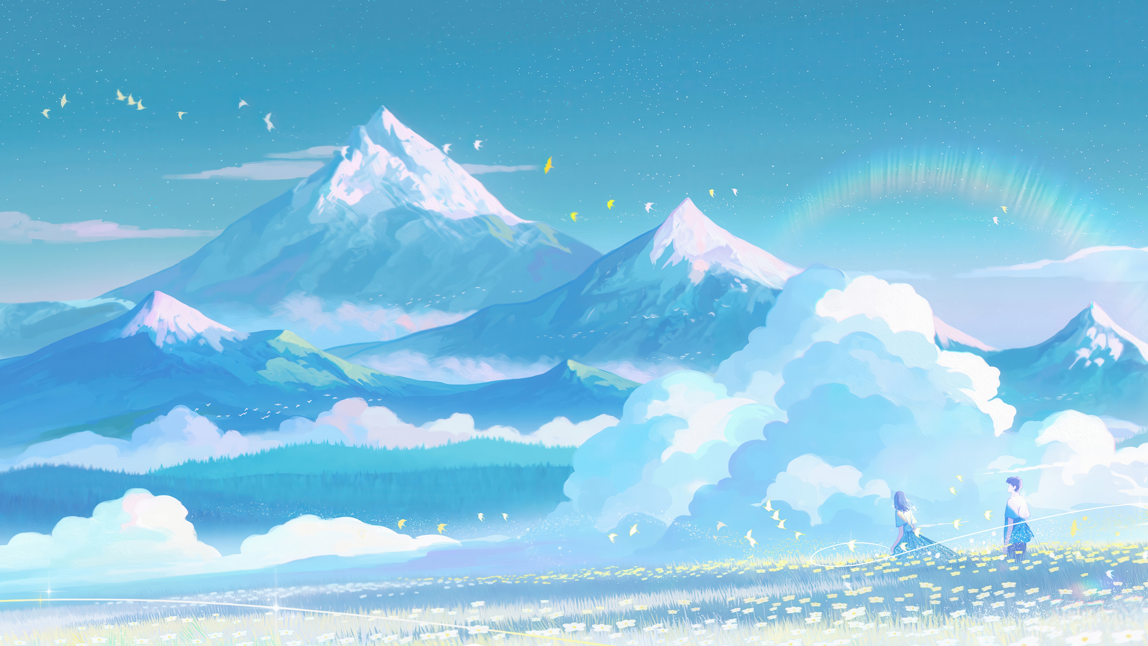 4K Mountain Scenery with Flowers and Aurora HD Wallpaper