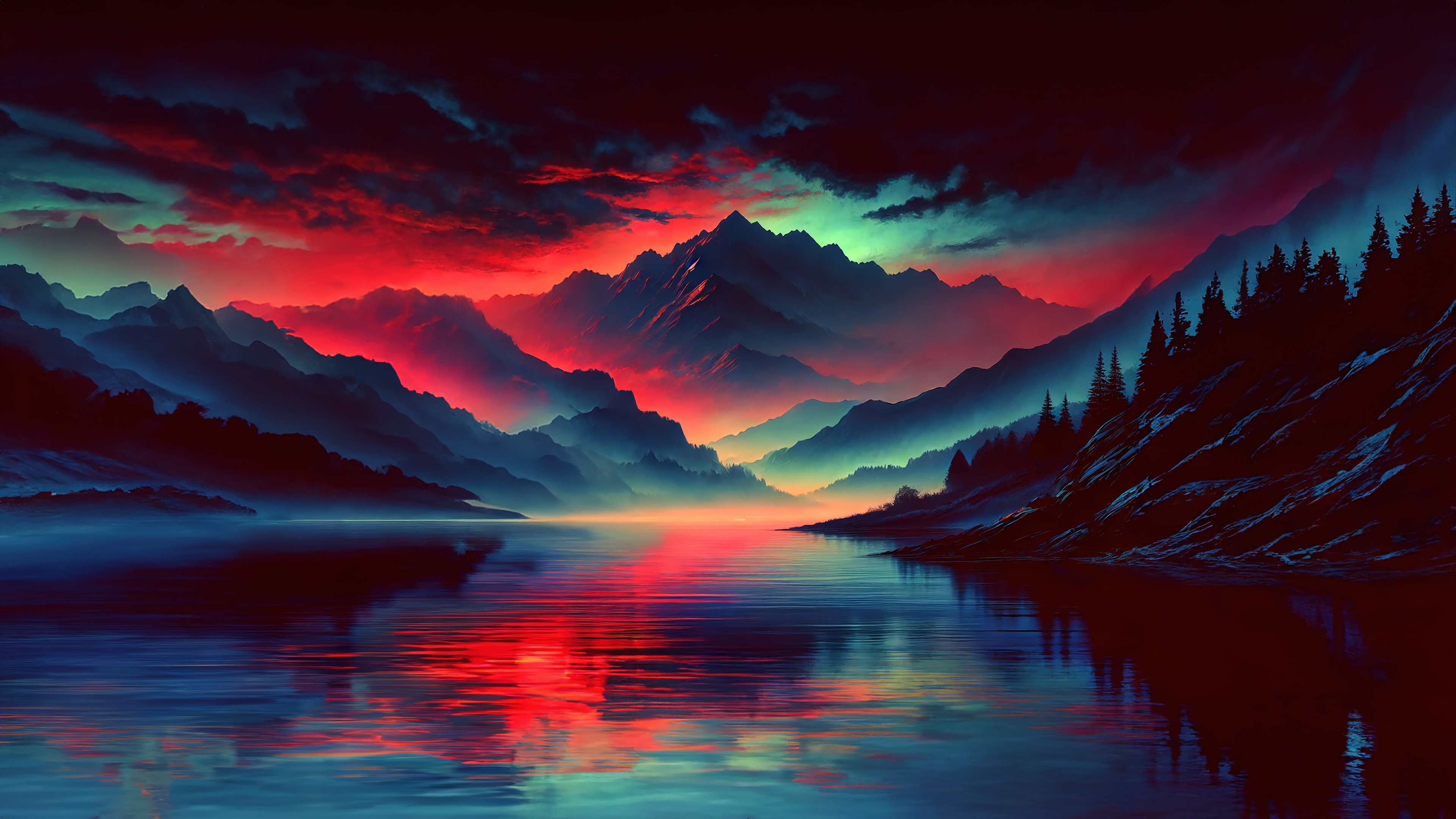 Mountain range reflected in a lake at night HD Wallpaper