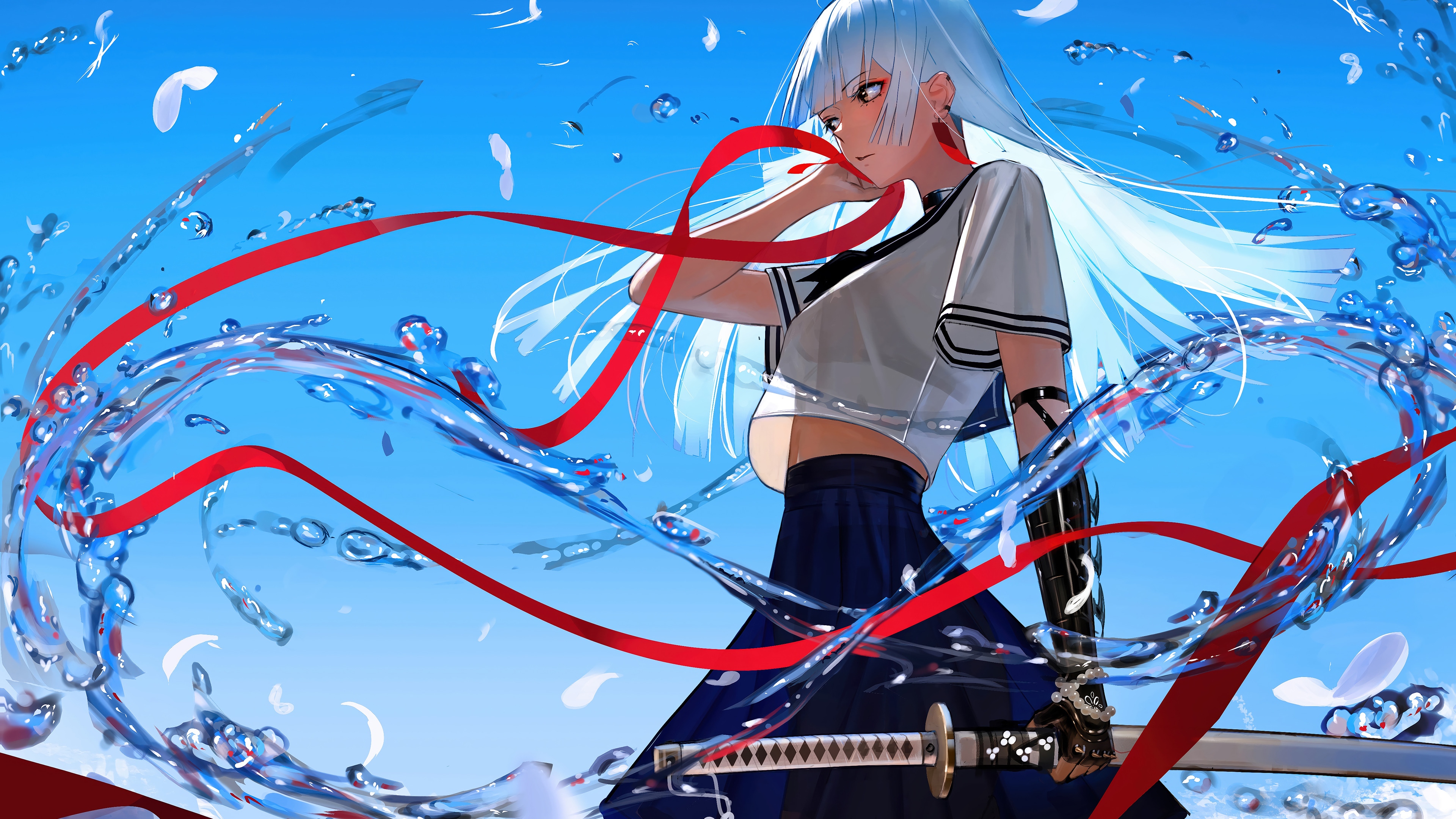 Anime Girl with Katana and Red Ribbon HD Wallpaper