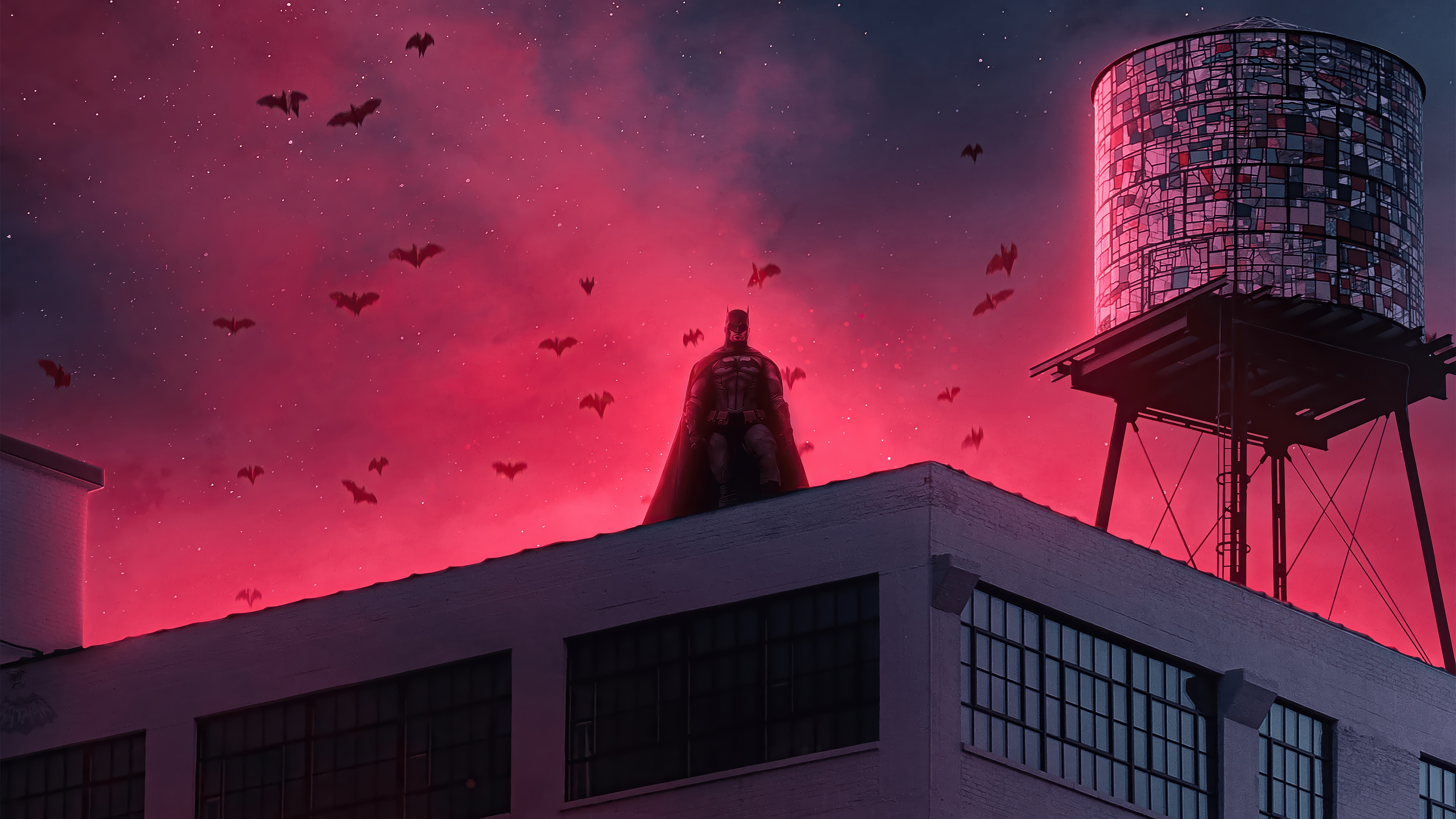 Batman on a rooftop with bats and water tower 4K HD Wallpaper