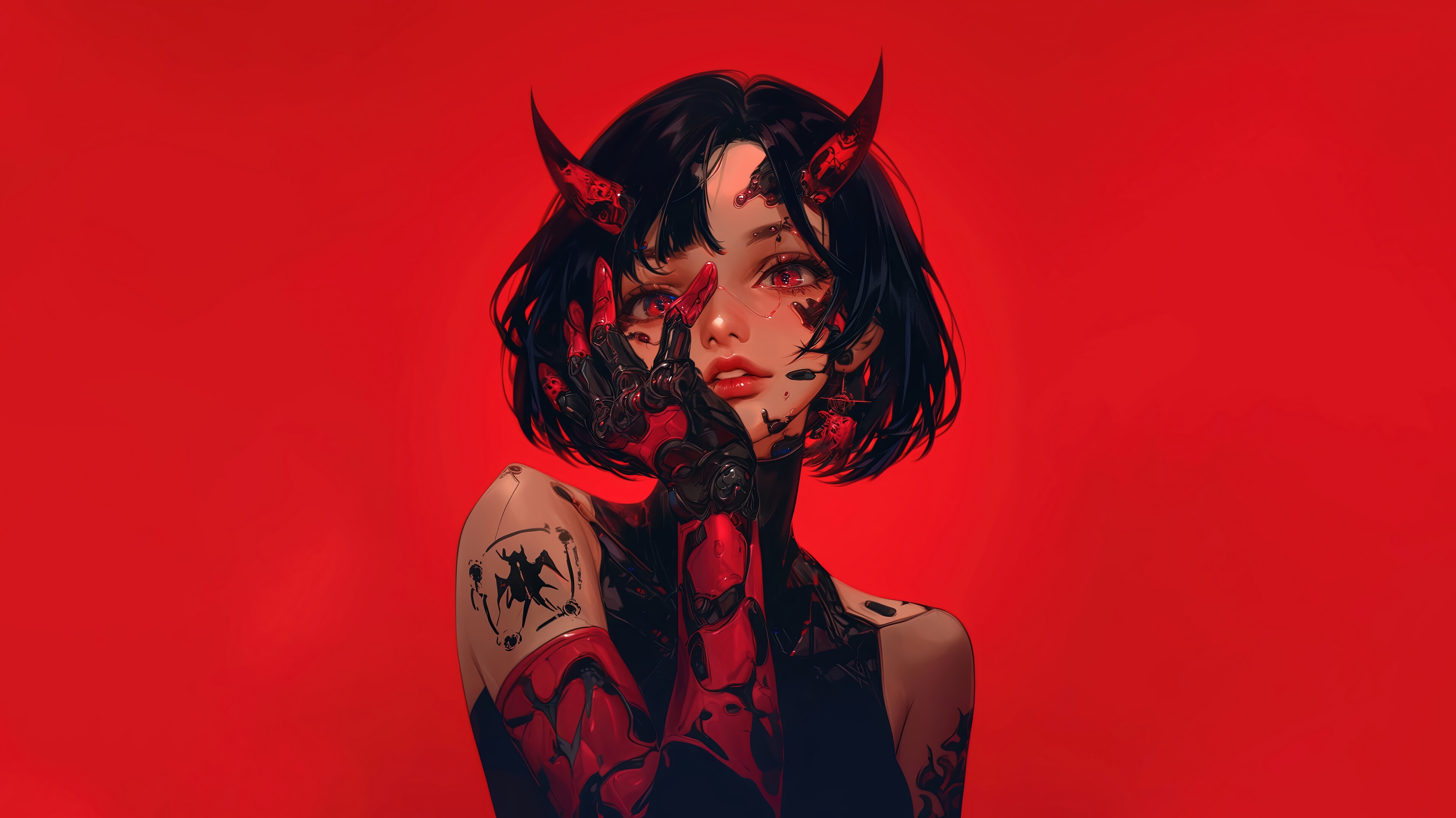 Anime Girl with Red Eyes and Demon Horns 4K HD Wallpaper