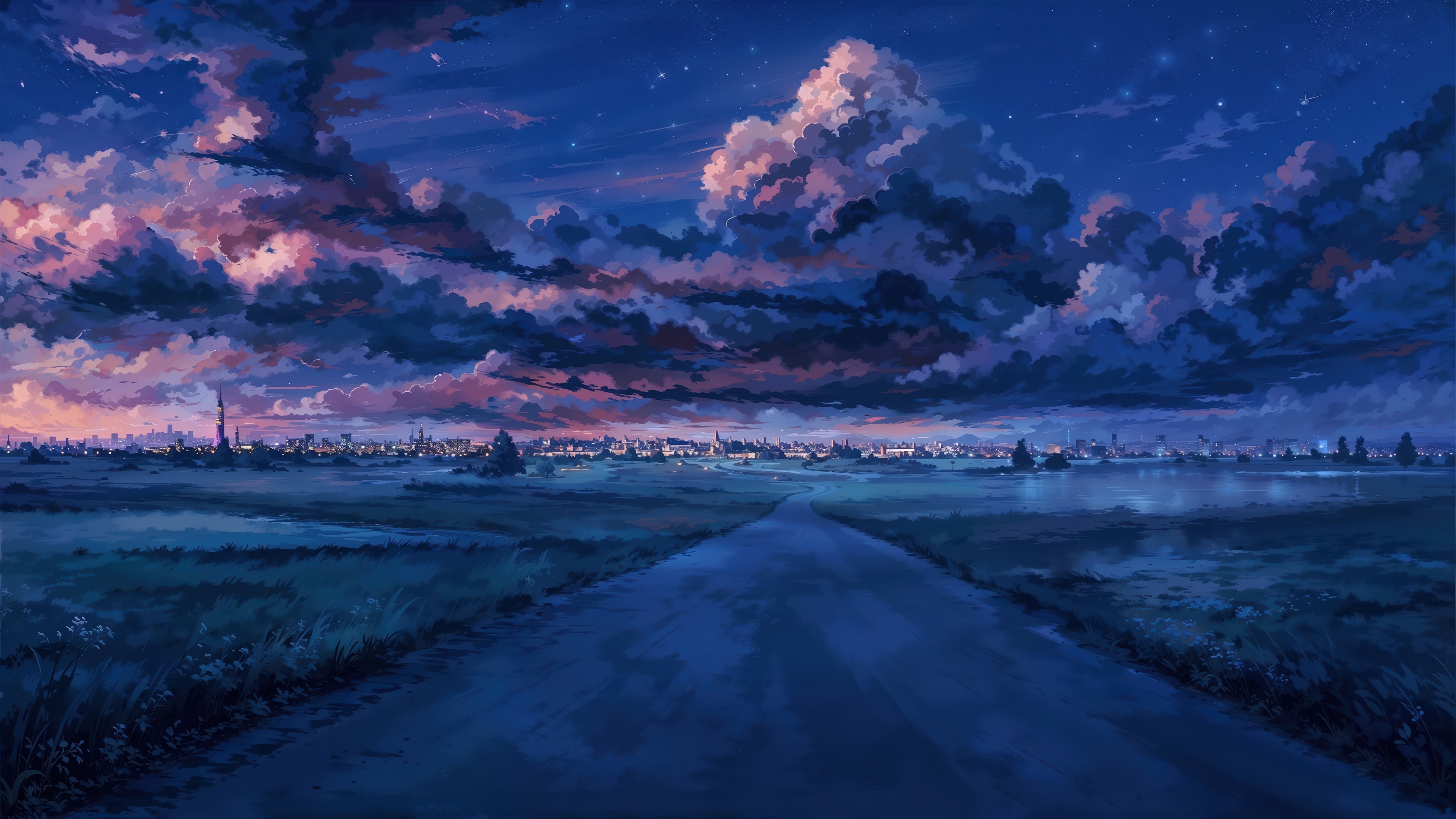 Cityscape Under a Dramatic Sunset Sky with Clouds HD Wallpaper