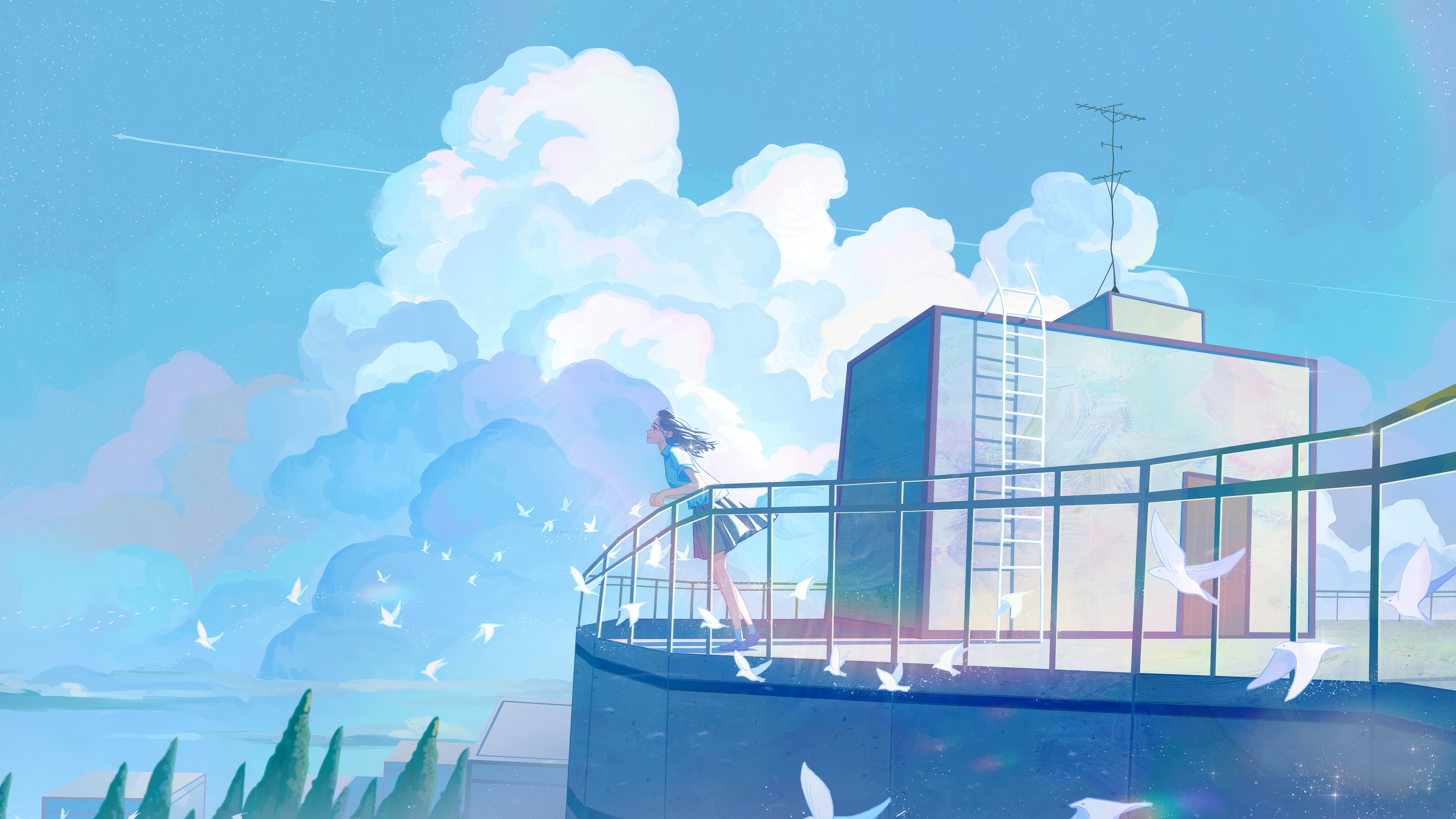 Anime Girl on Rooftop with Birds and Clouds 4K HD Wallpaper