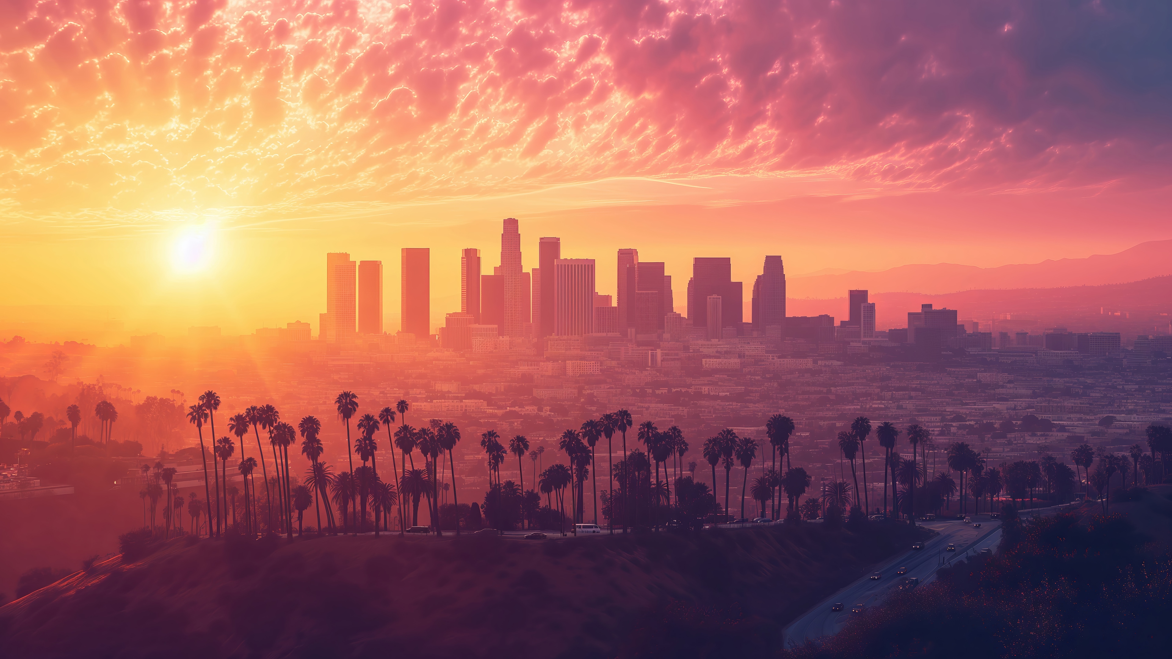 Los Angeles skyline at sunset with palm trees HD Wallpaper