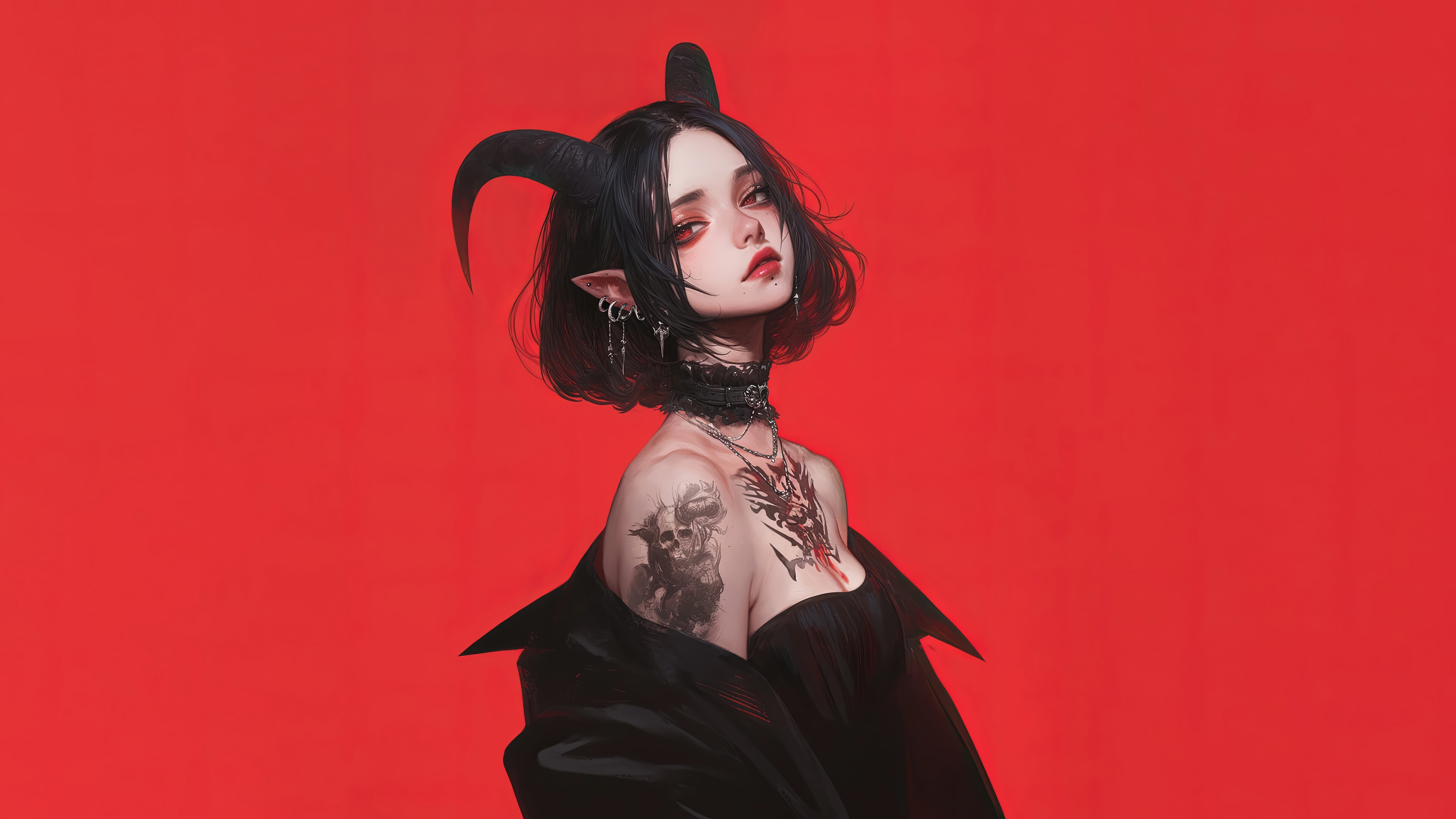 Anime Demon Girl with Horns and Tattoos 4K HD Wallpaper