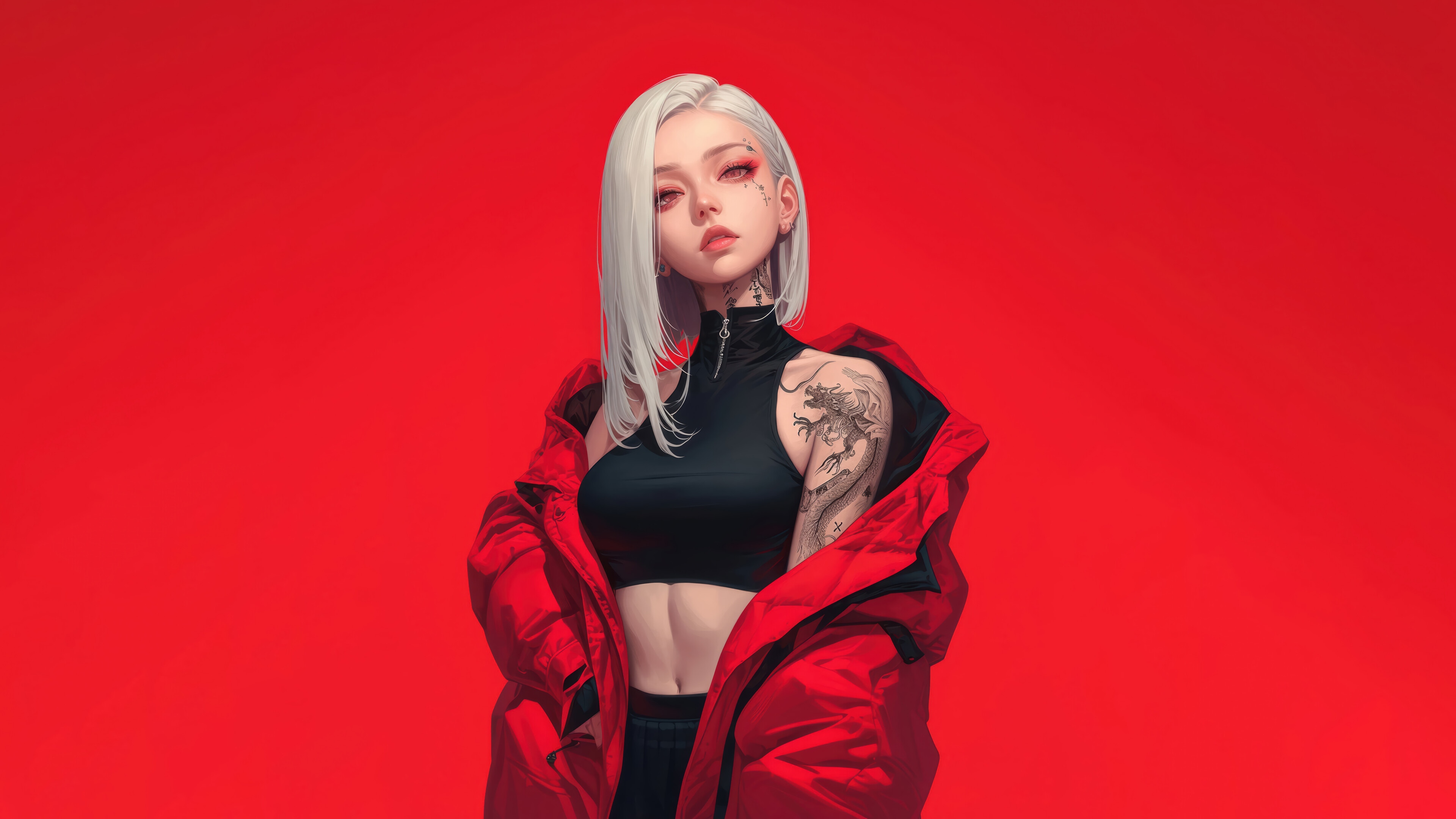 Anime Girl with White Hair and Tattoos in Red Jacket 4K HD Wallpaper
