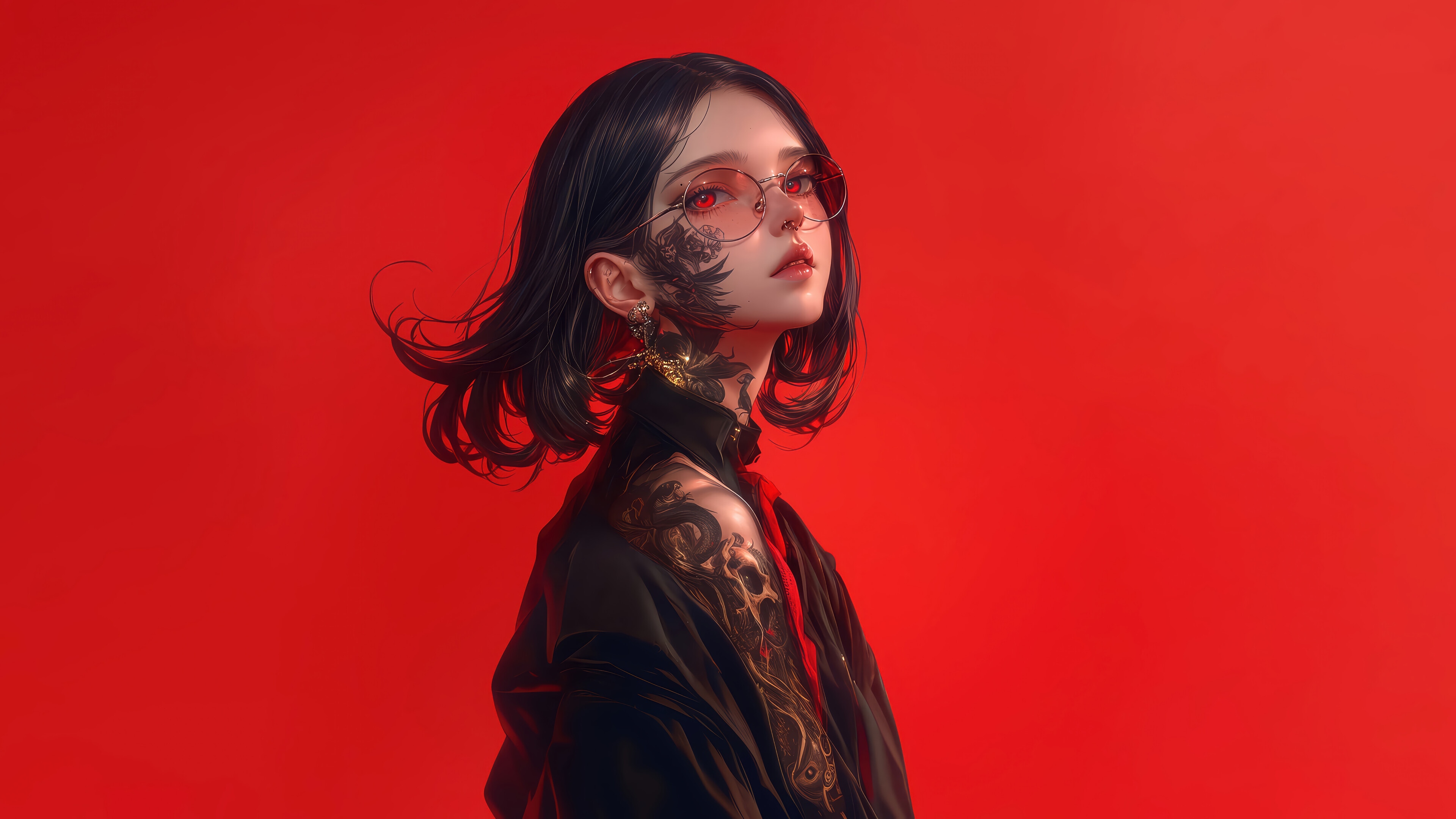 Anime girl with tattoos and glasses in 4K HD Wallpaper