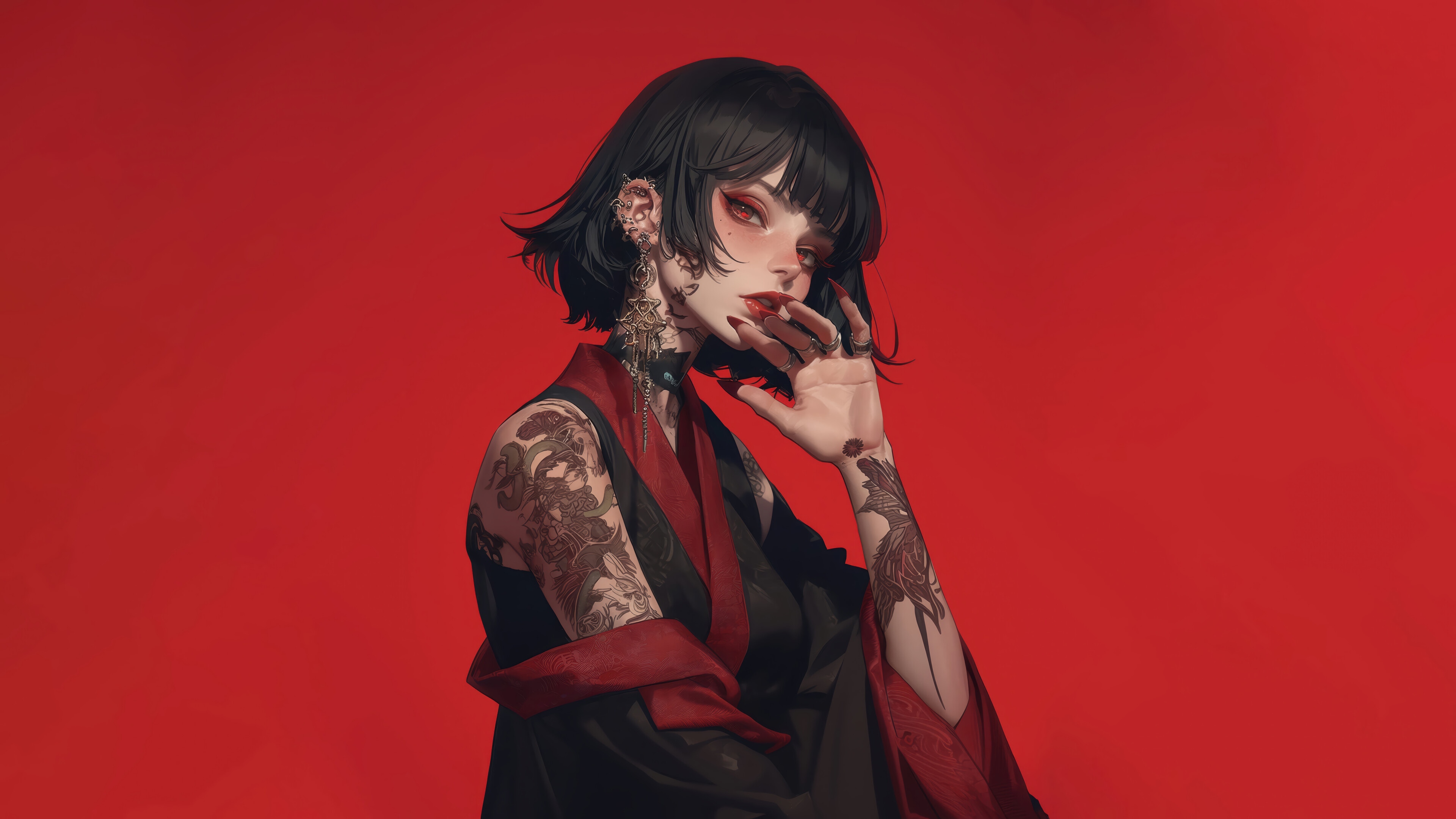 Anime Girl with Tattoos and Red Eyes 4K HD Wallpaper