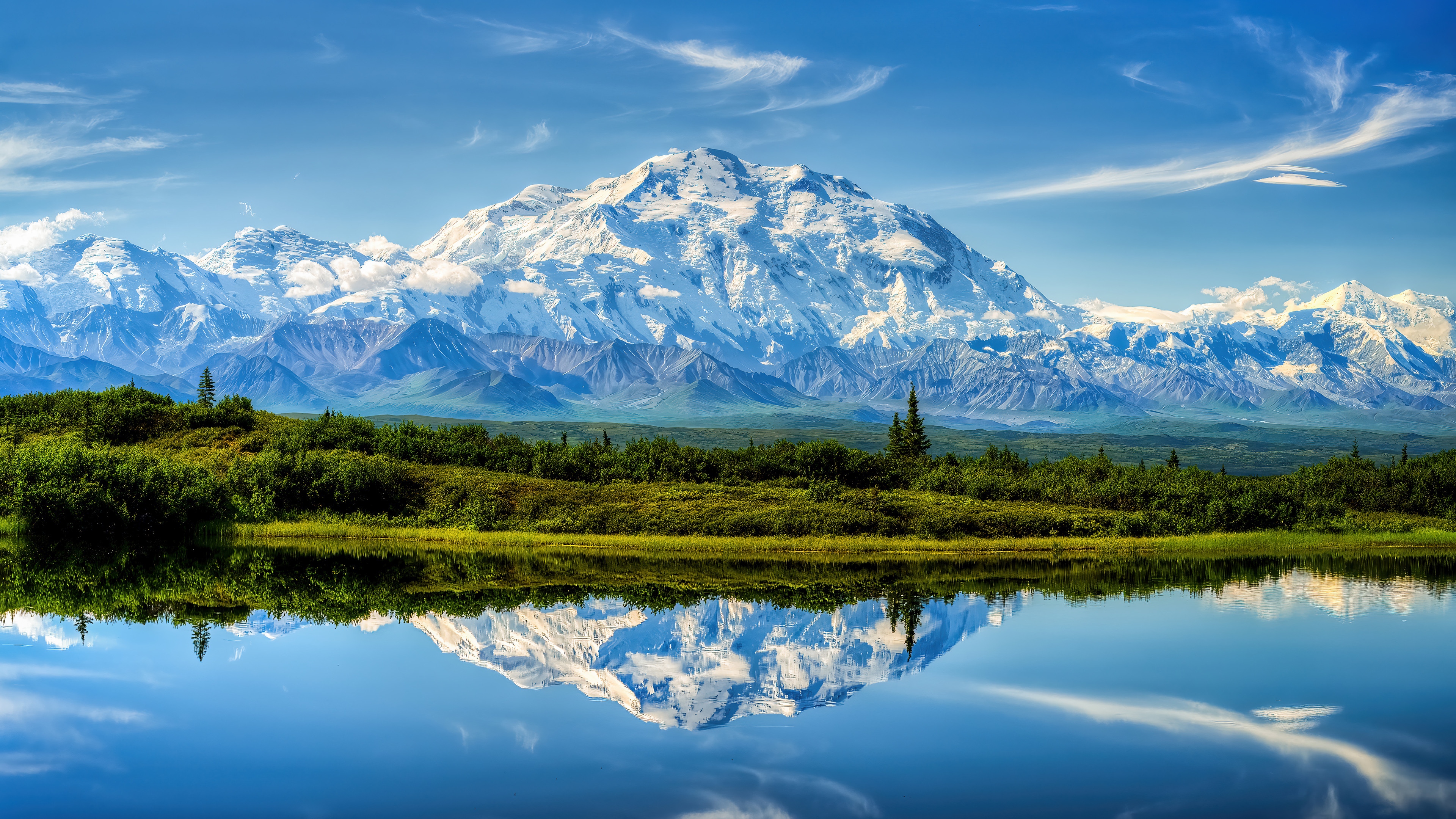 Denali Mountain reflected in a lake with green landscape HD Wallpaper