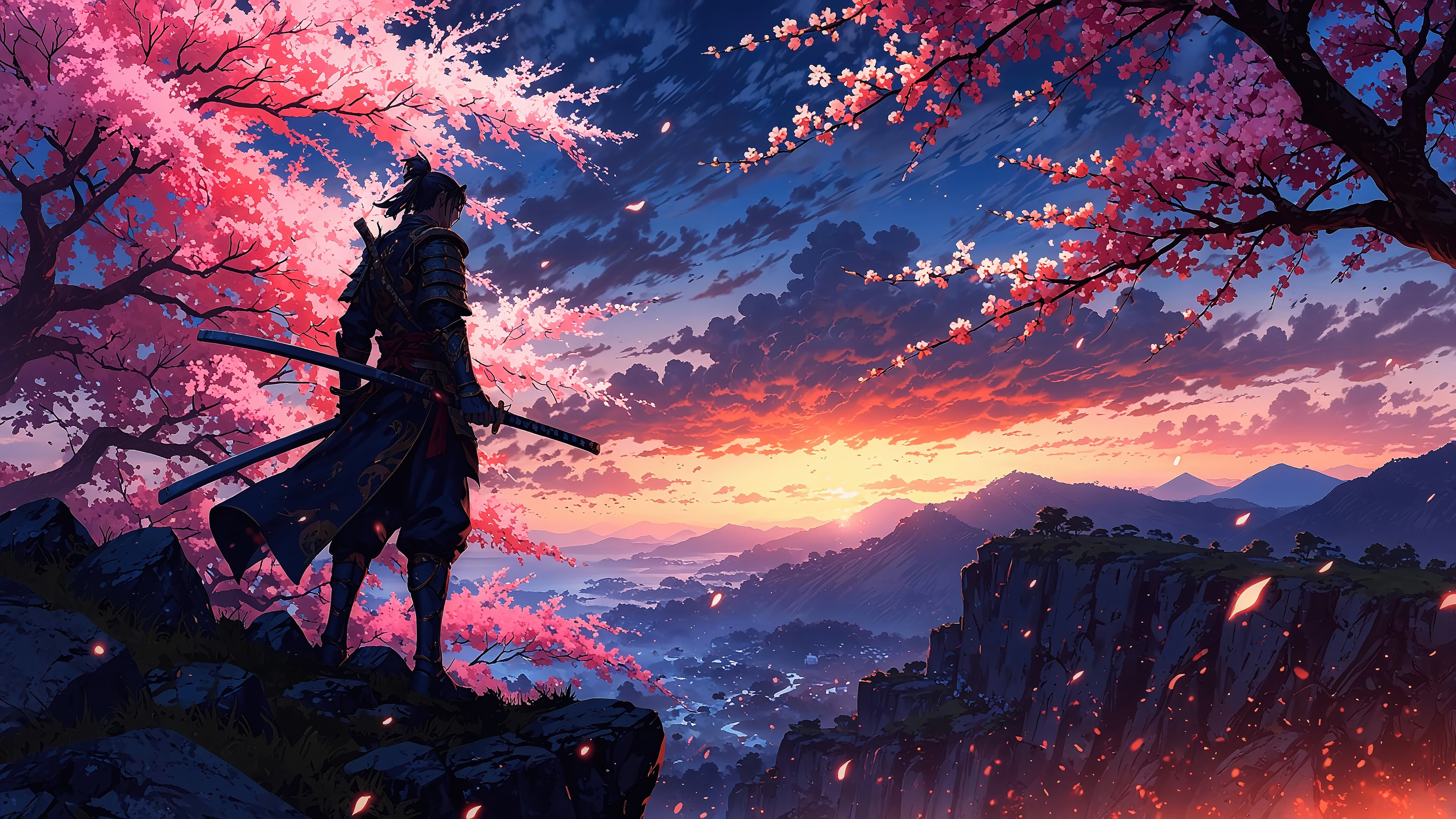 Samurai under Cherry Blossoms at Sunrise 4K HD Wallpaper