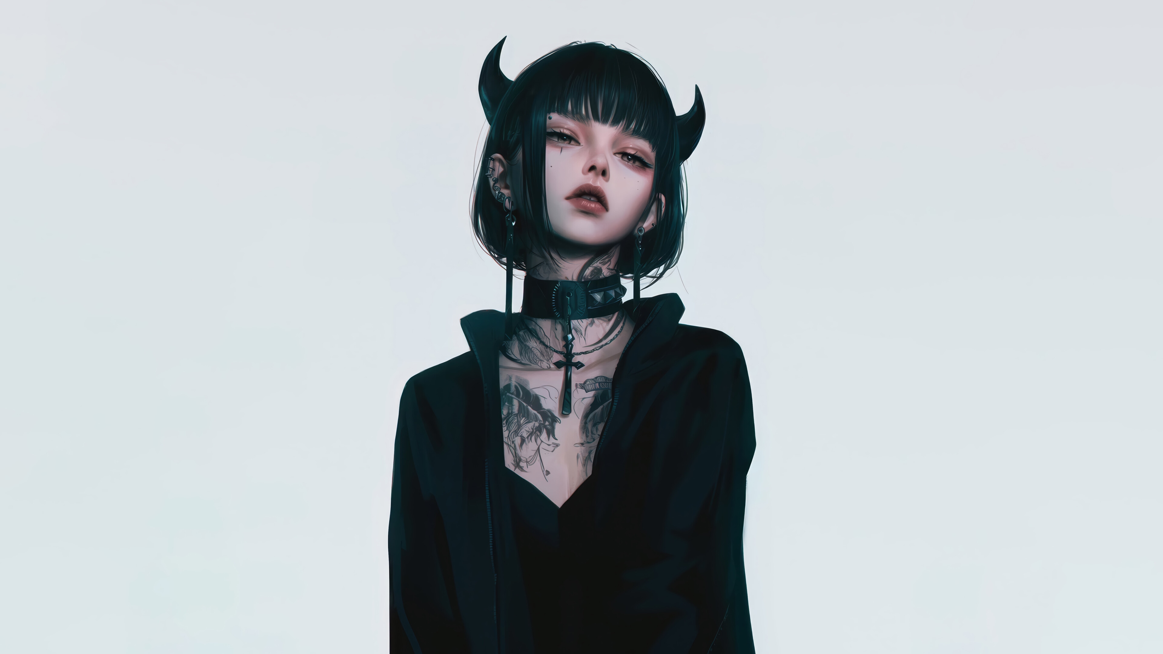 Anime Girl with Demon Horns and Tattoos 4K HD Wallpaper