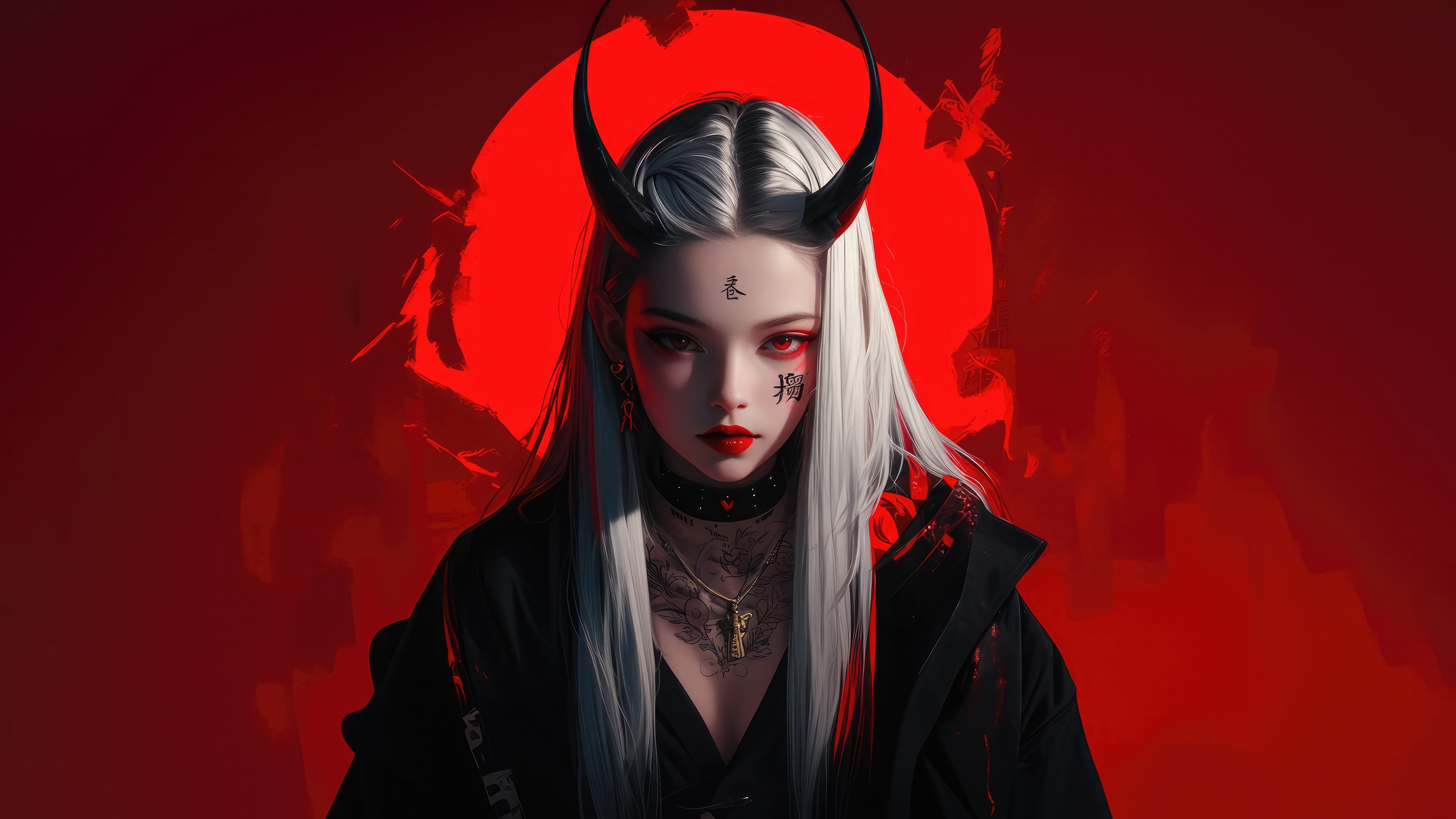 Anime Demon Girl with Horns and Red Eyes 4K HD Wallpaper