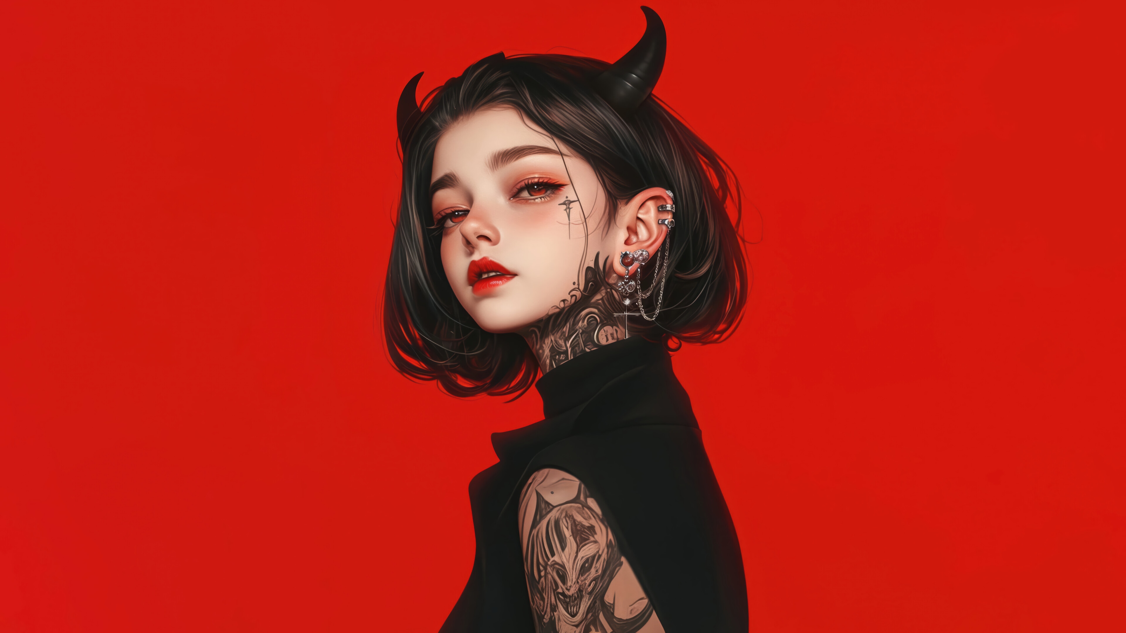 Anime Demon Girl with Tattoos and Horns 4K HD Wallpaper