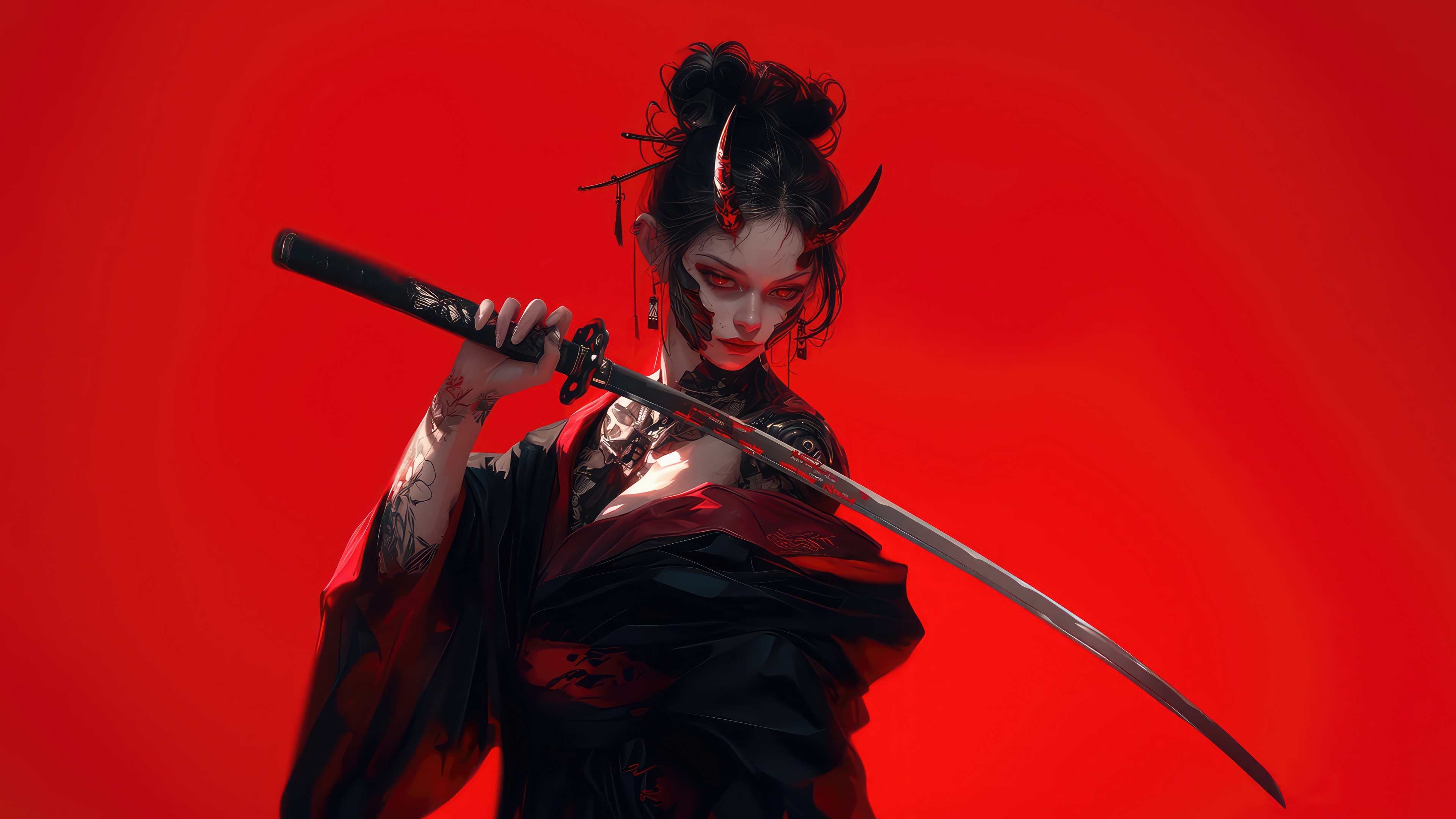 Demon Girl with Katana 4K HD Wallpaper