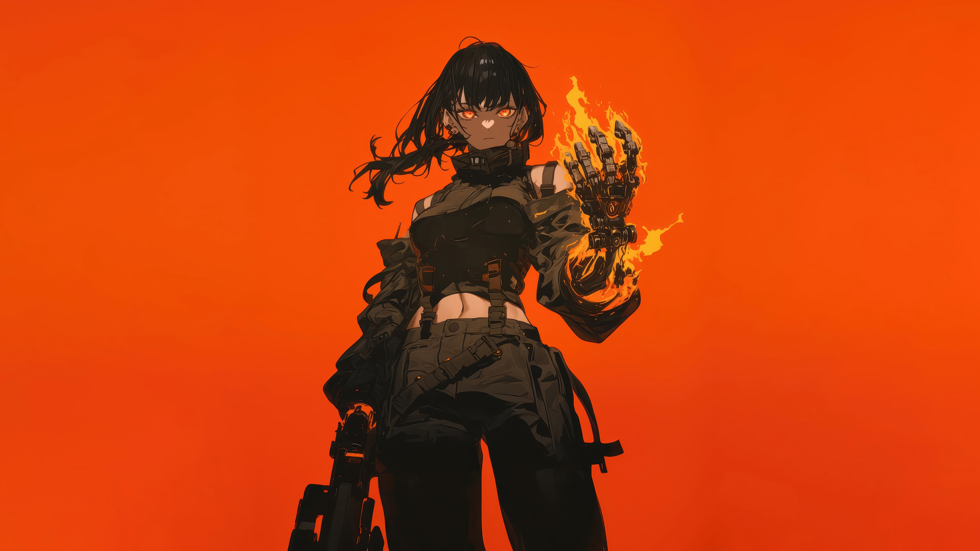 Anime Girl with Burning Arm and Gun 4K HD Wallpaper