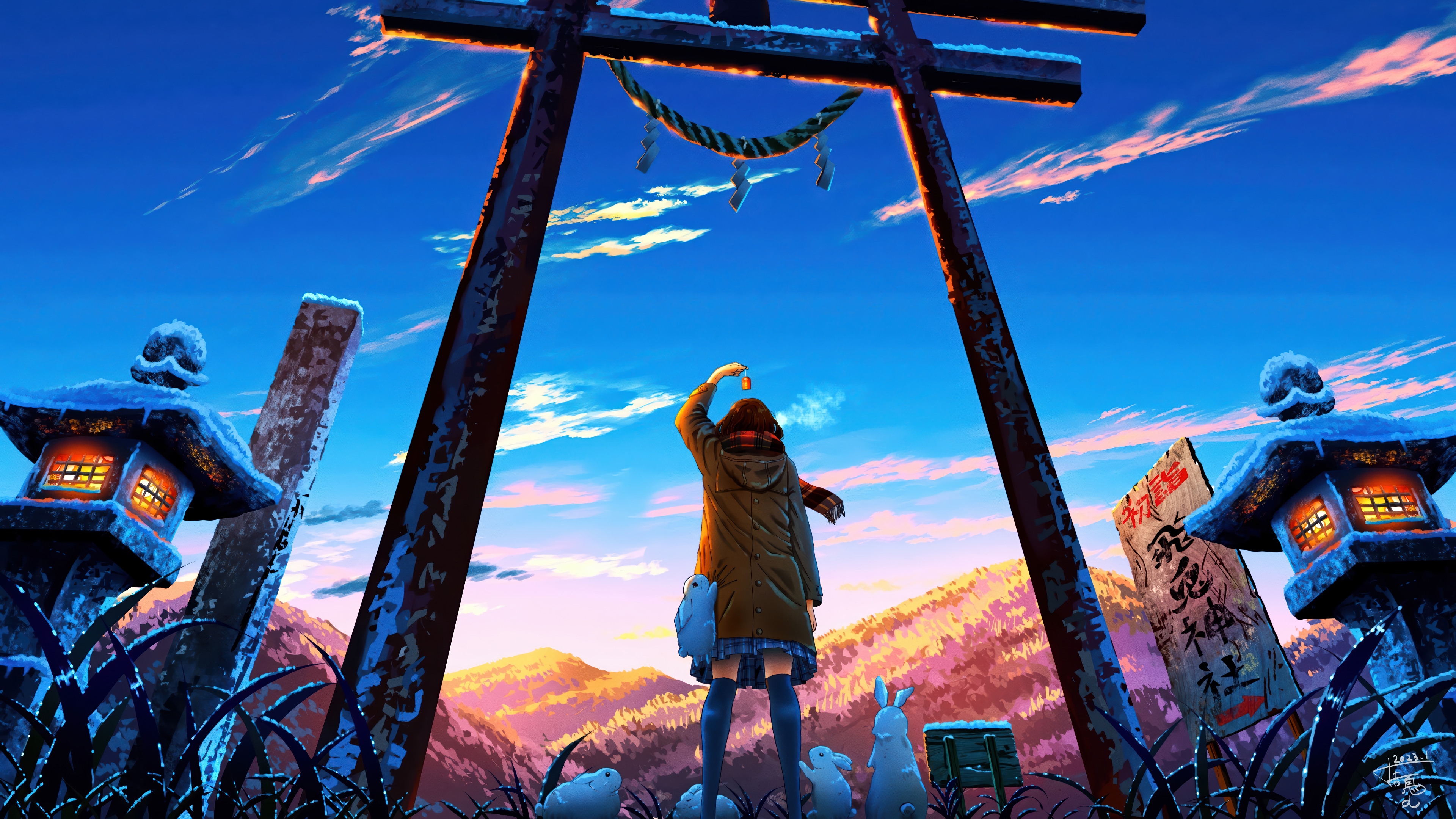 Anime girl at Torii gate with rabbits HD Wallpaper