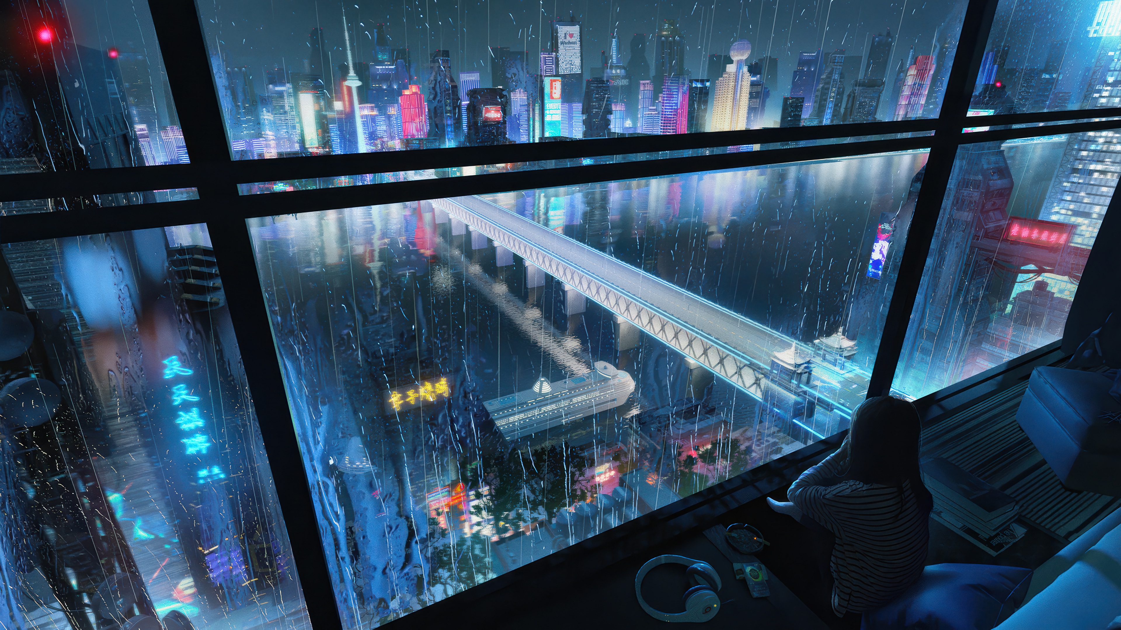 Anime Girl in Apartment Overlooking Rainy Cyberpunk City 4K HD Wallpaper