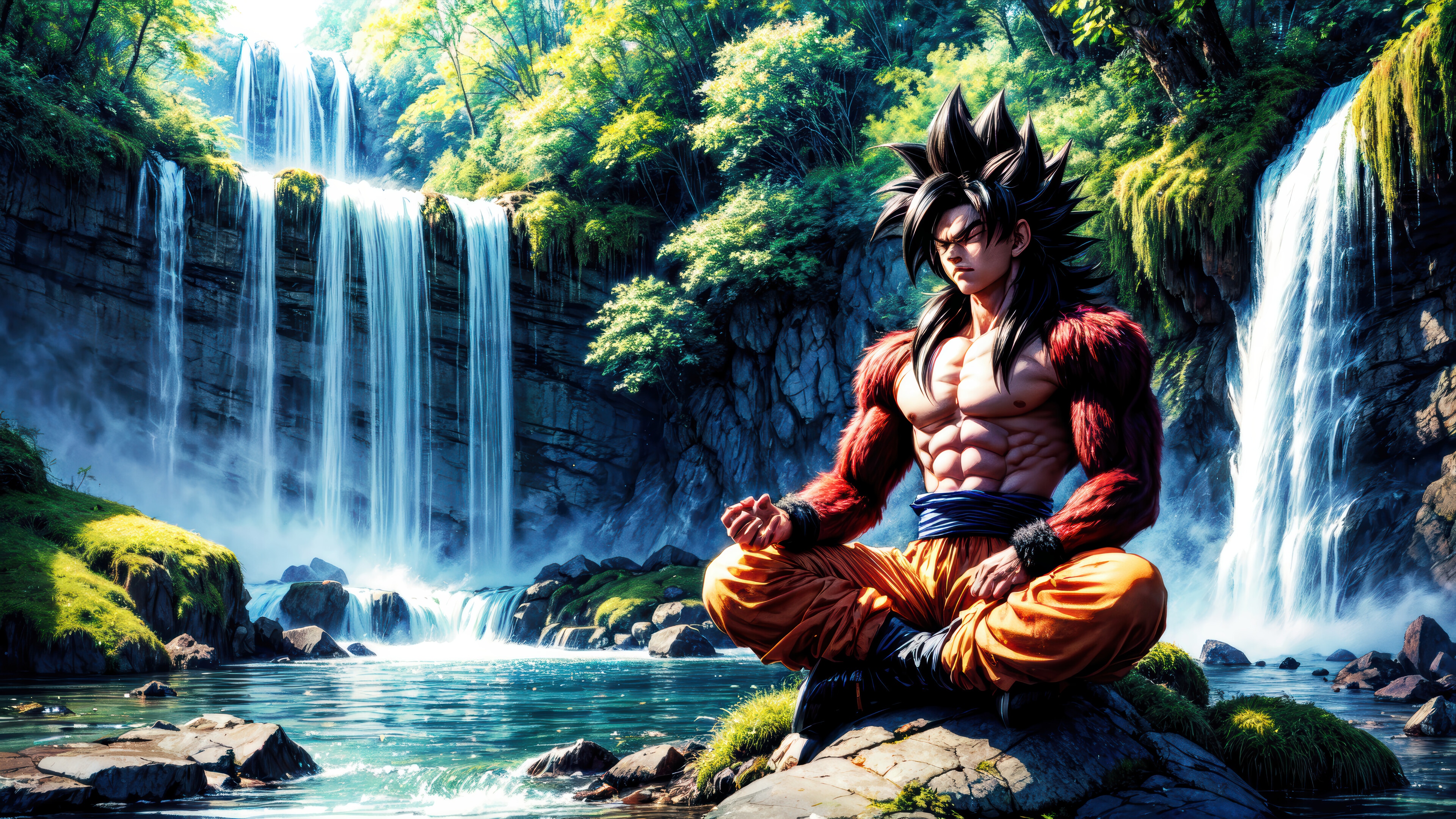 Goku Super Saiyan 4 Meditating by Waterfalls 4K HD Wallpaper