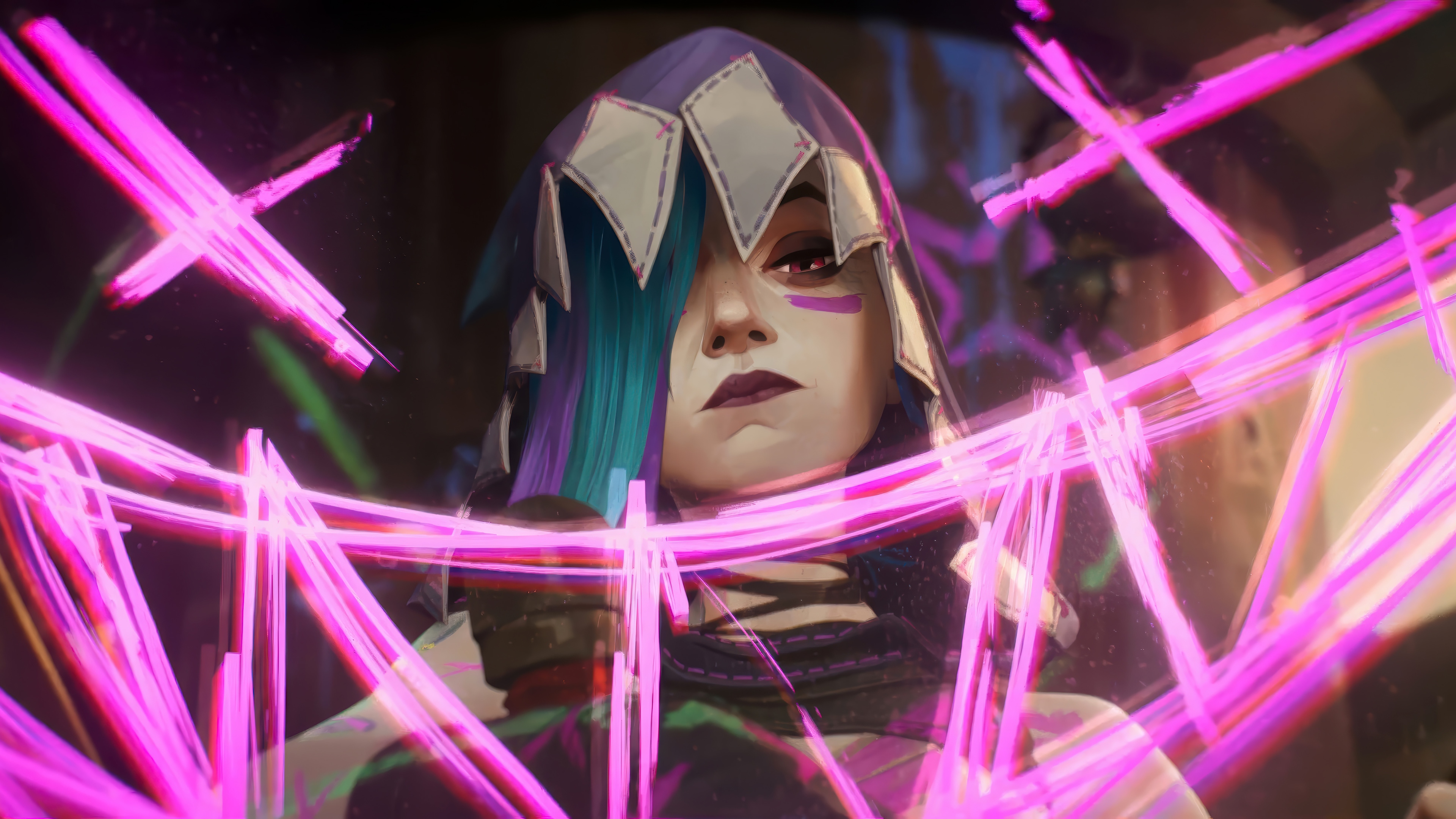 Jinx from Arcane surrounded by pink energy HD Wallpaper