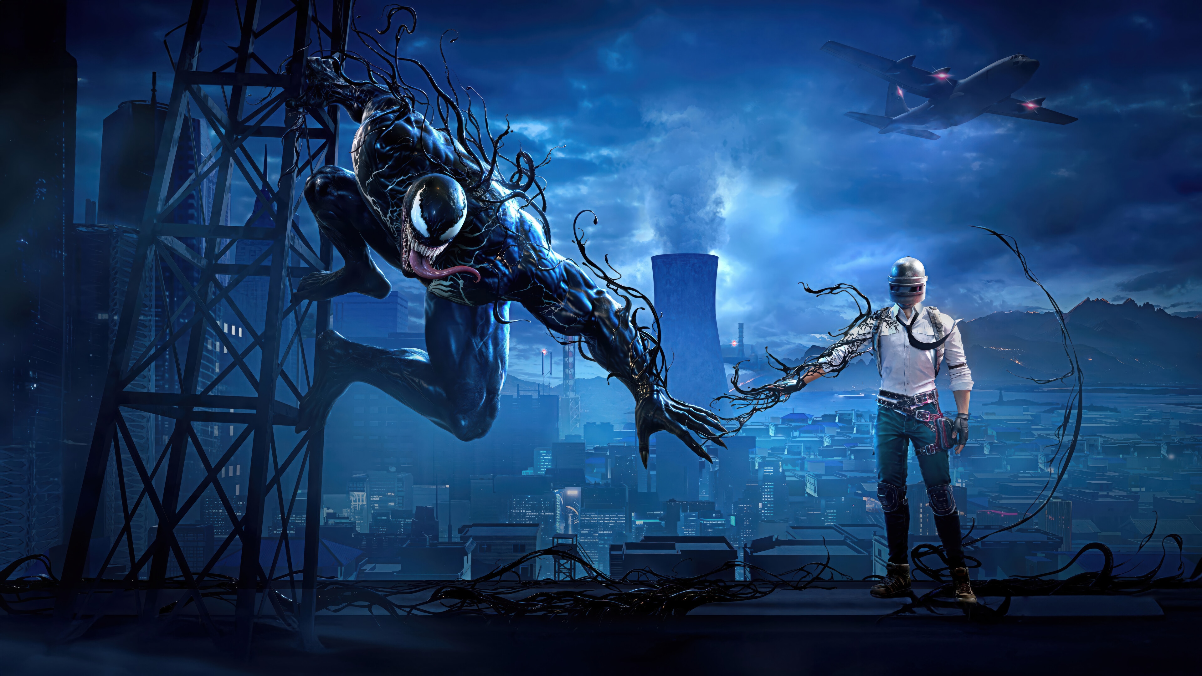 Venom and PUBG character in a city at night HD Wallpaper