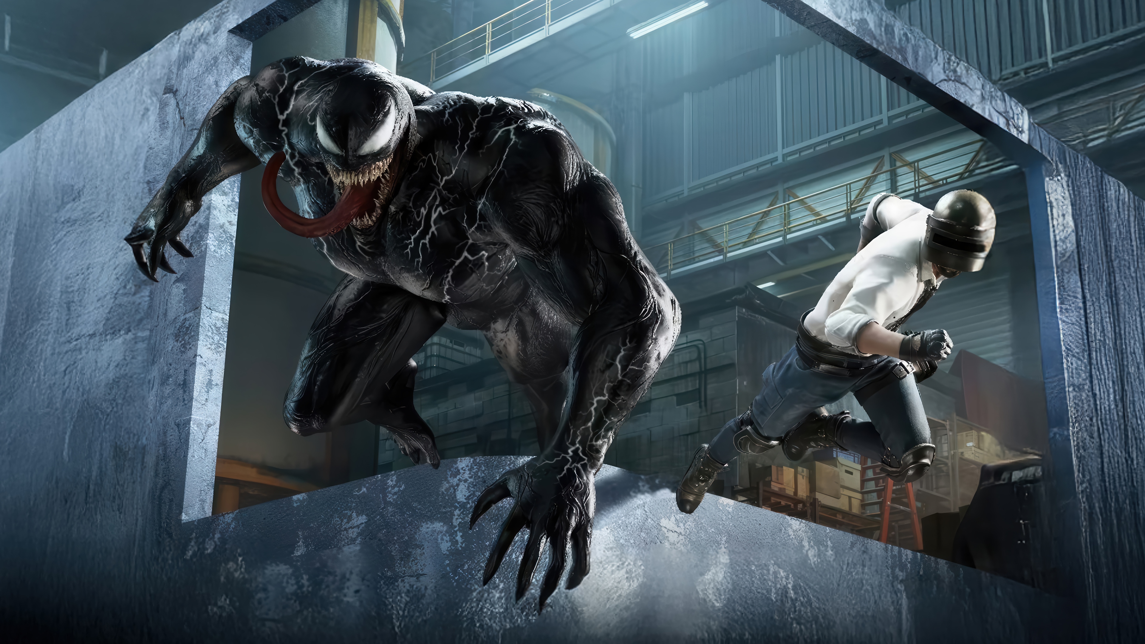Venom and PUBG character in a warehouse HD Wallpaper
