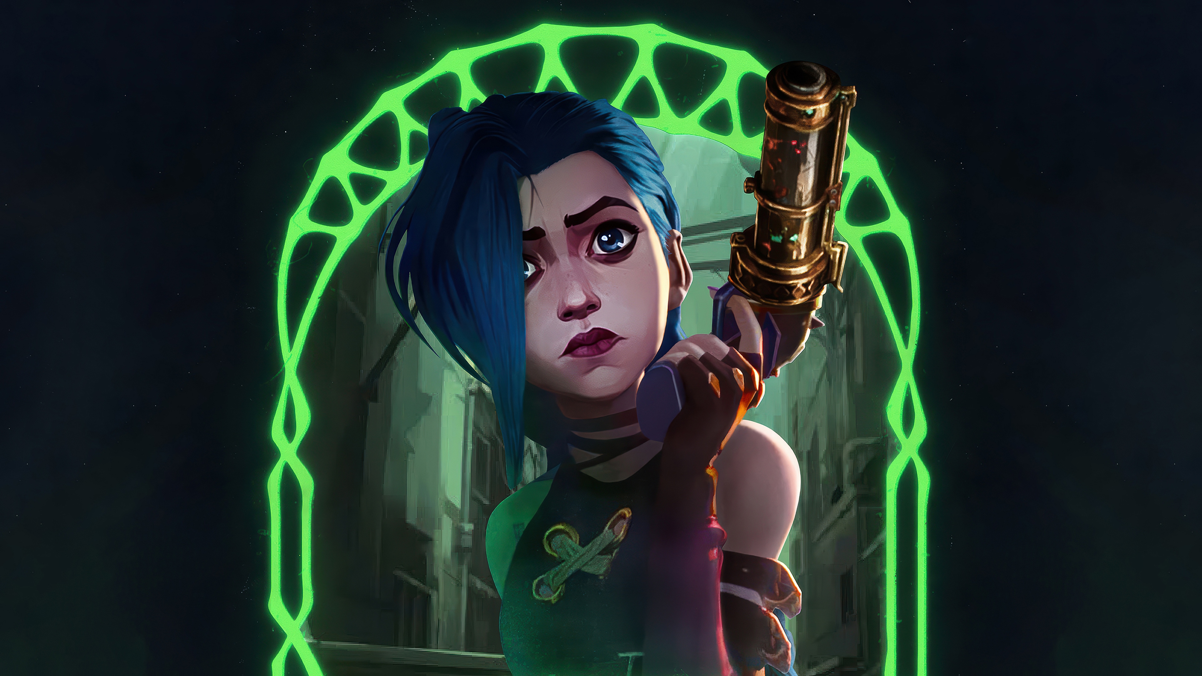 Jinx from Arcane holding a gun HD Wallpaper