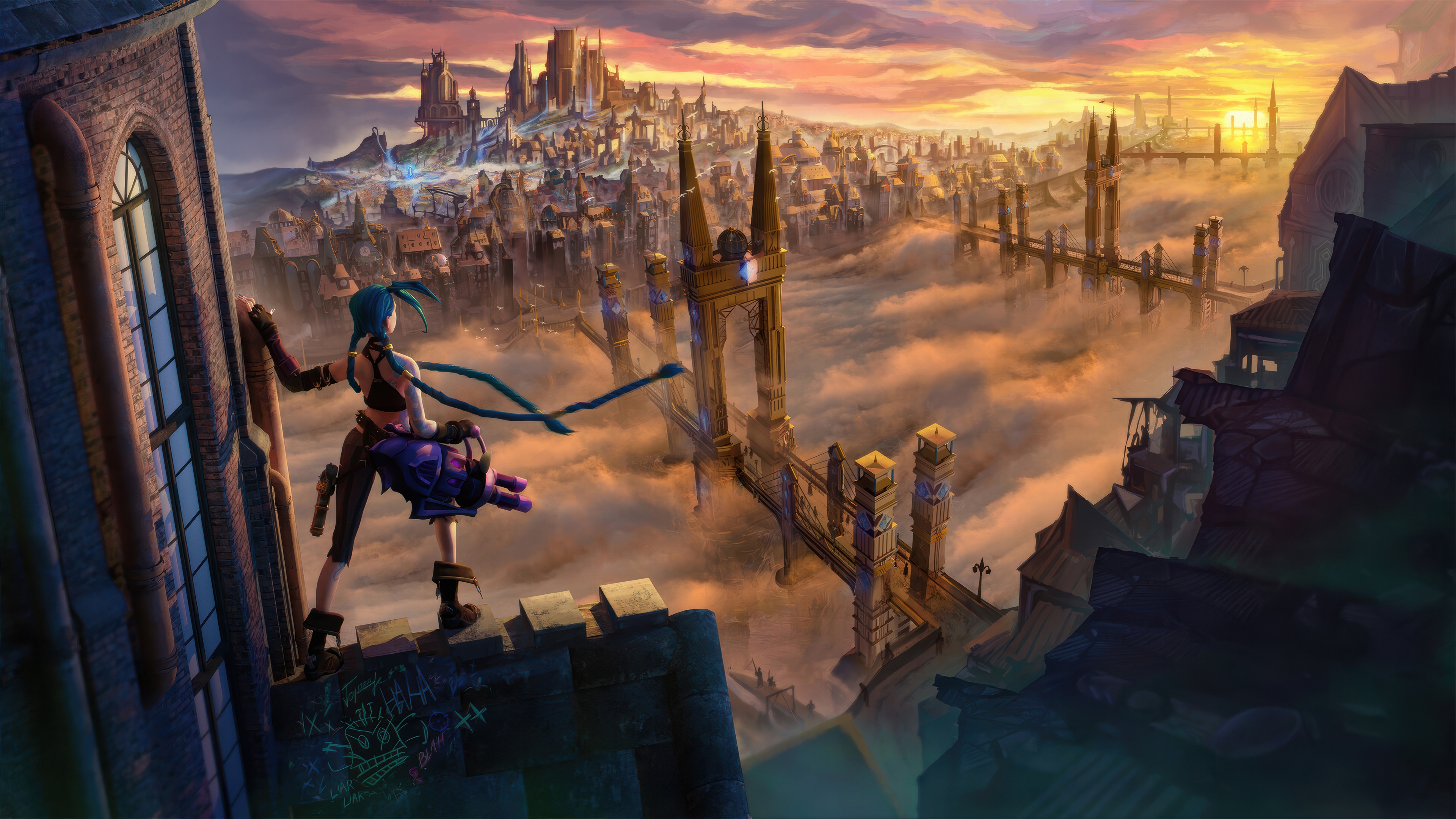 Jinx from Arcane overlooking a city at sunset 4K HD Wallpaper