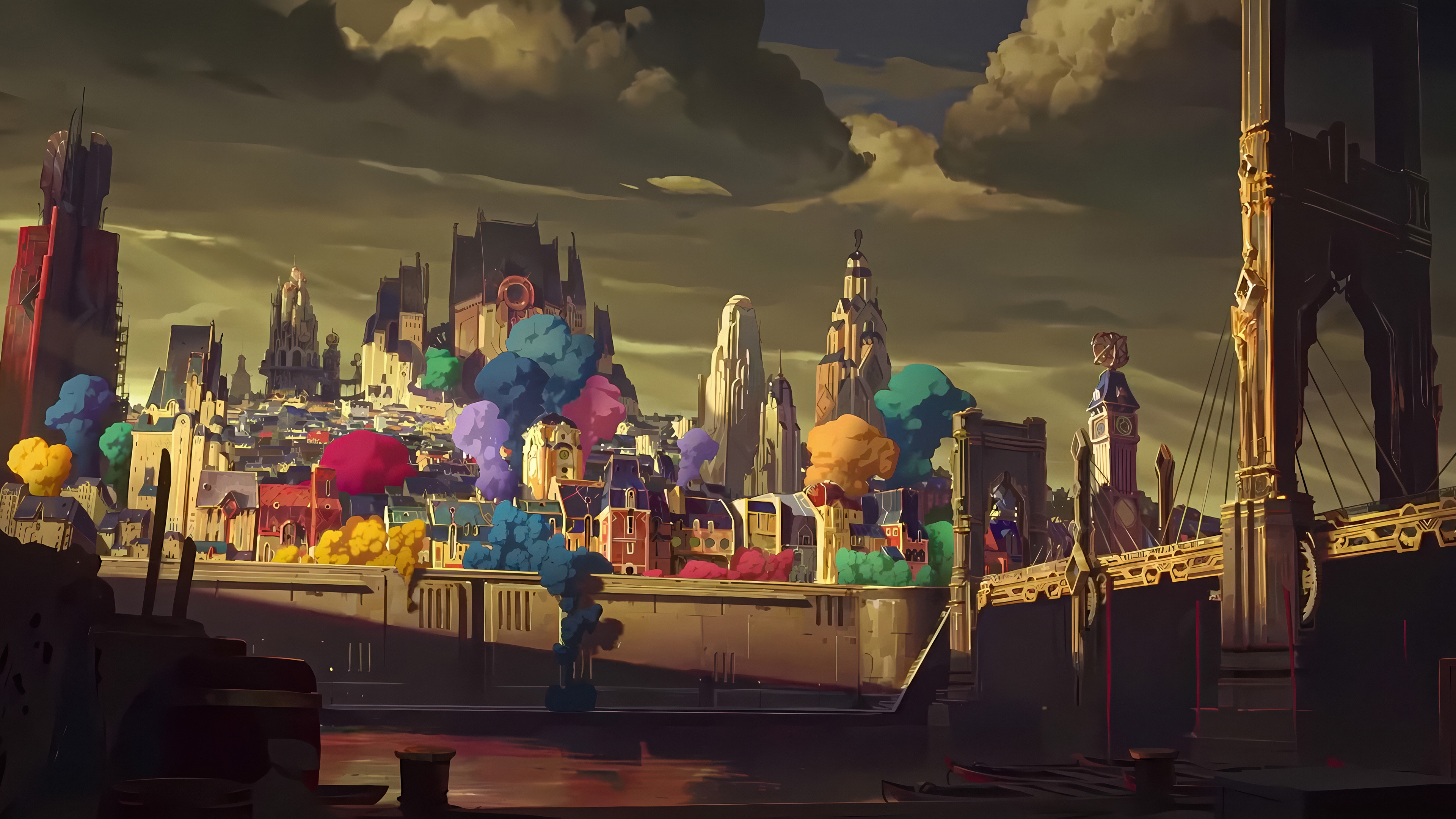 Arcane Series Cityscape with Colorful Trees HD Wallpaper