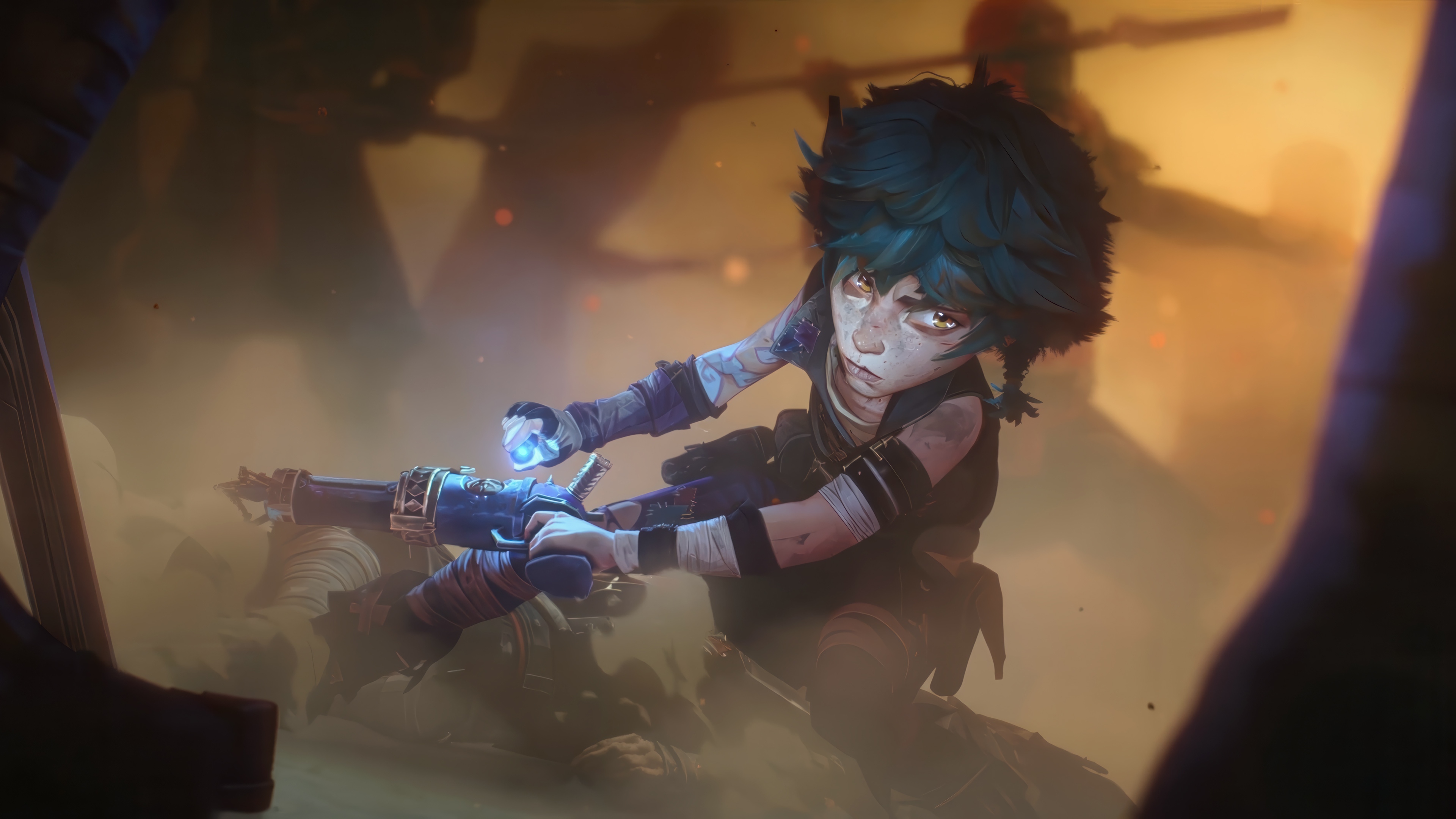 Jinx from Arcane holding a glowing orb and weapon HD Wallpaper