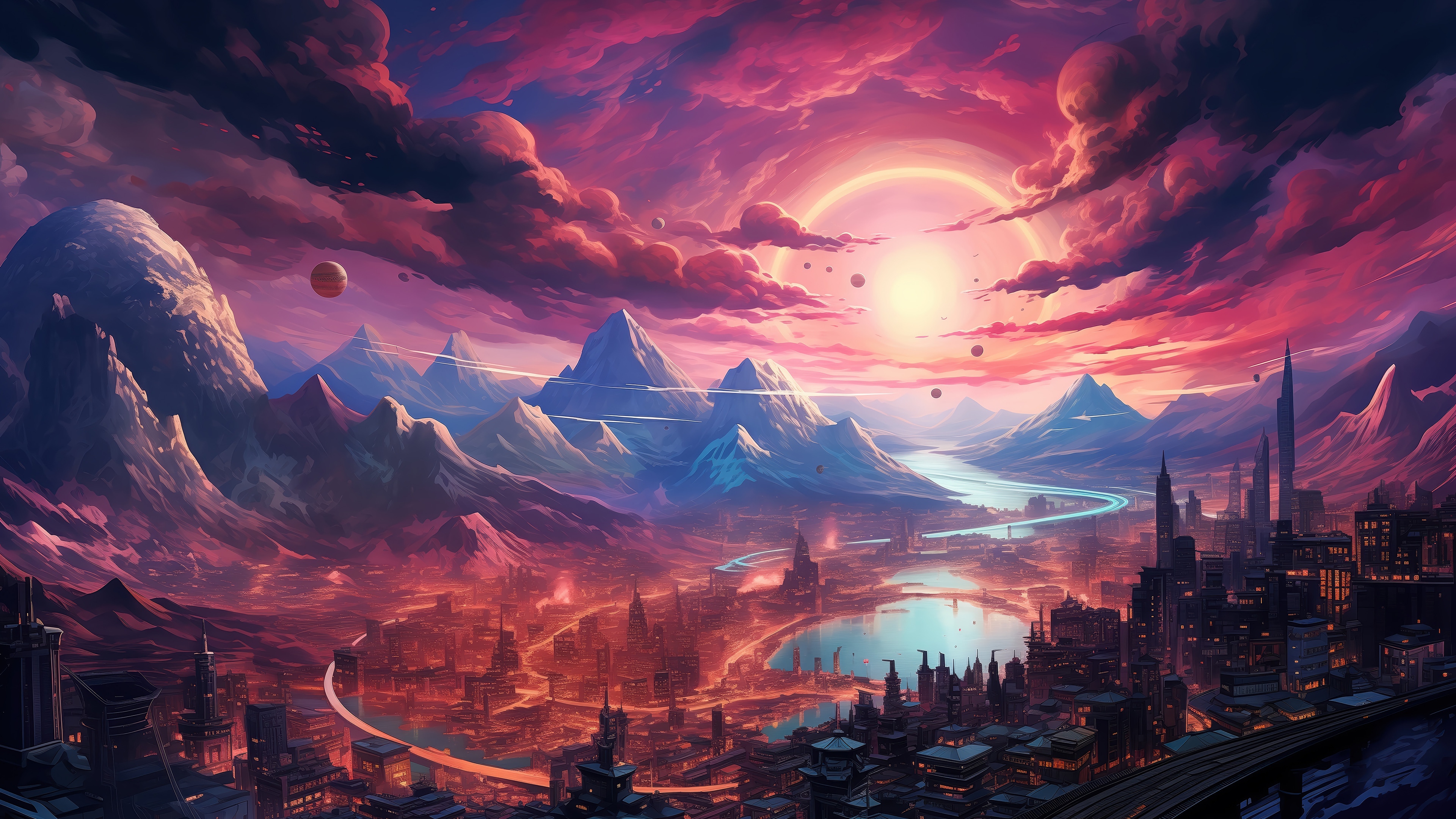 Fantasy City Scenery with Mountains and Sunrise 4K HD Wallpaper