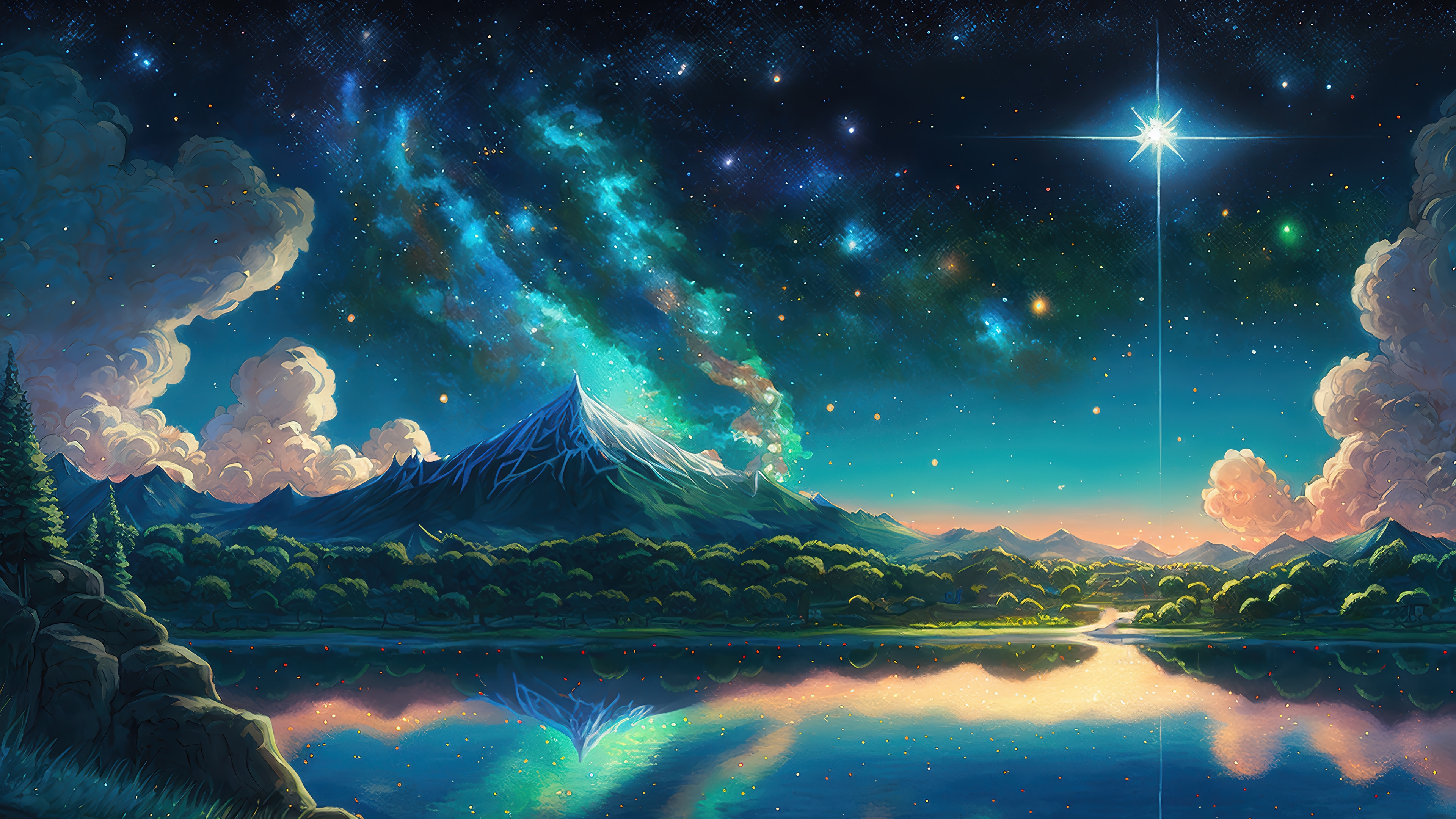 Starry Night Sky Over Mountains and Lake 4K HD Wallpaper