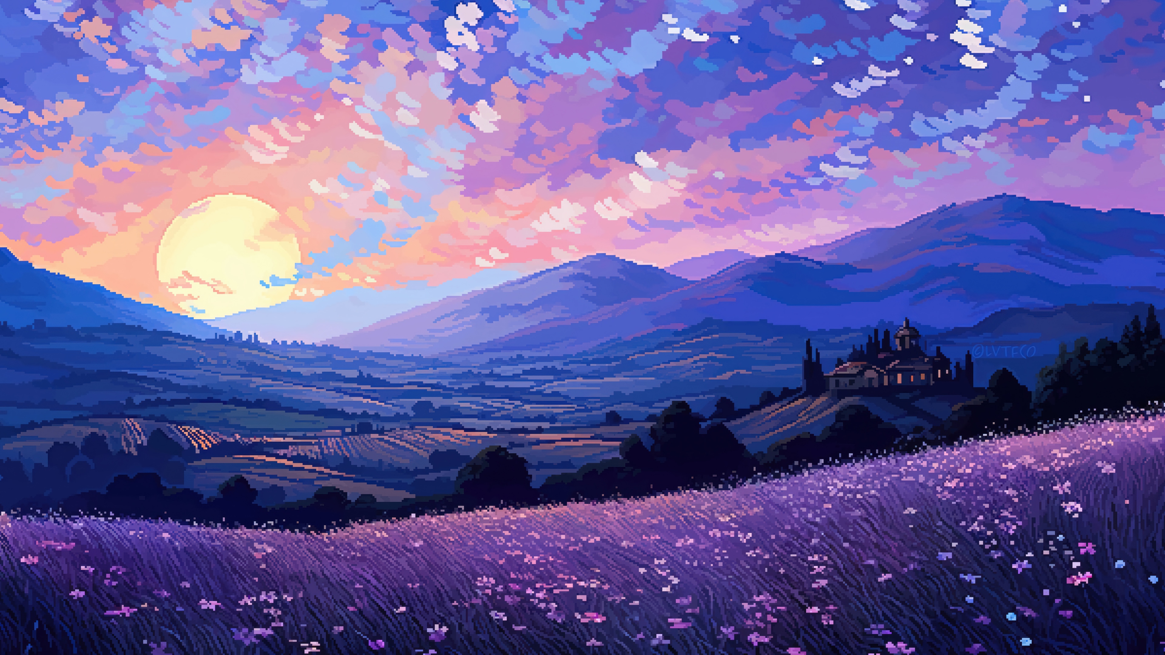 Pixel Art Lavender Field at Sunset with Mountains HD Wallpaper