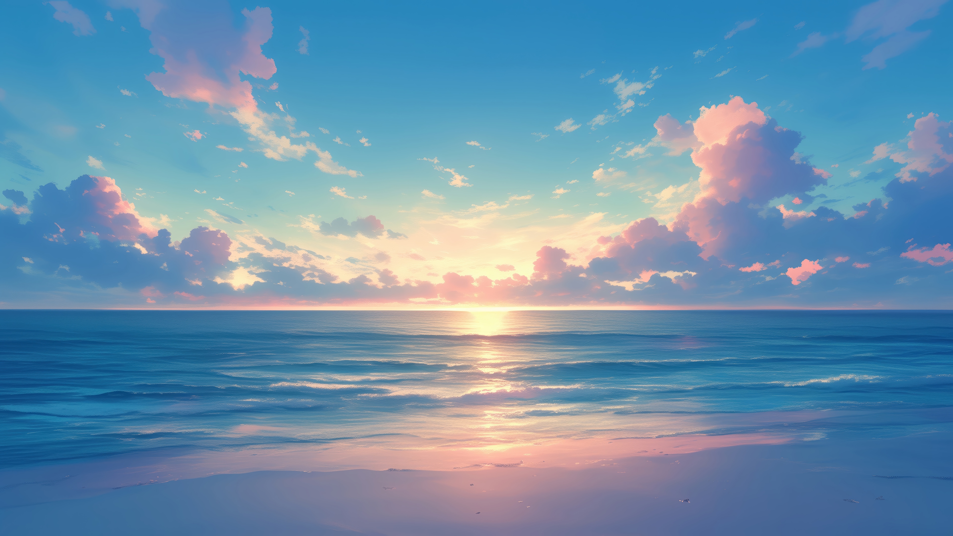 Sunset over the ocean with pink clouds and beach HD Wallpaper