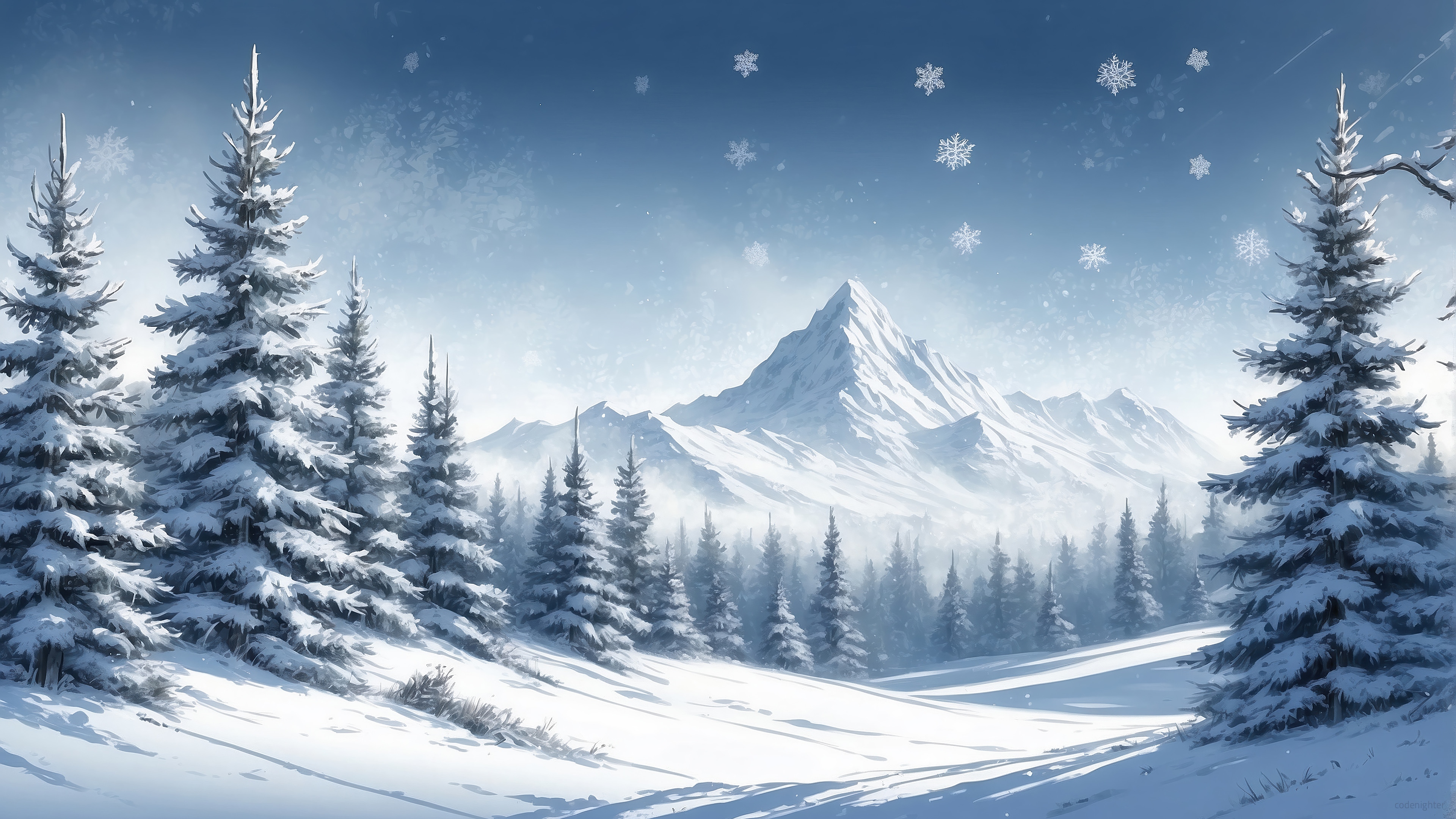 Snowy Mountain Forest with Falling Snowflakes 4K HD Wallpaper