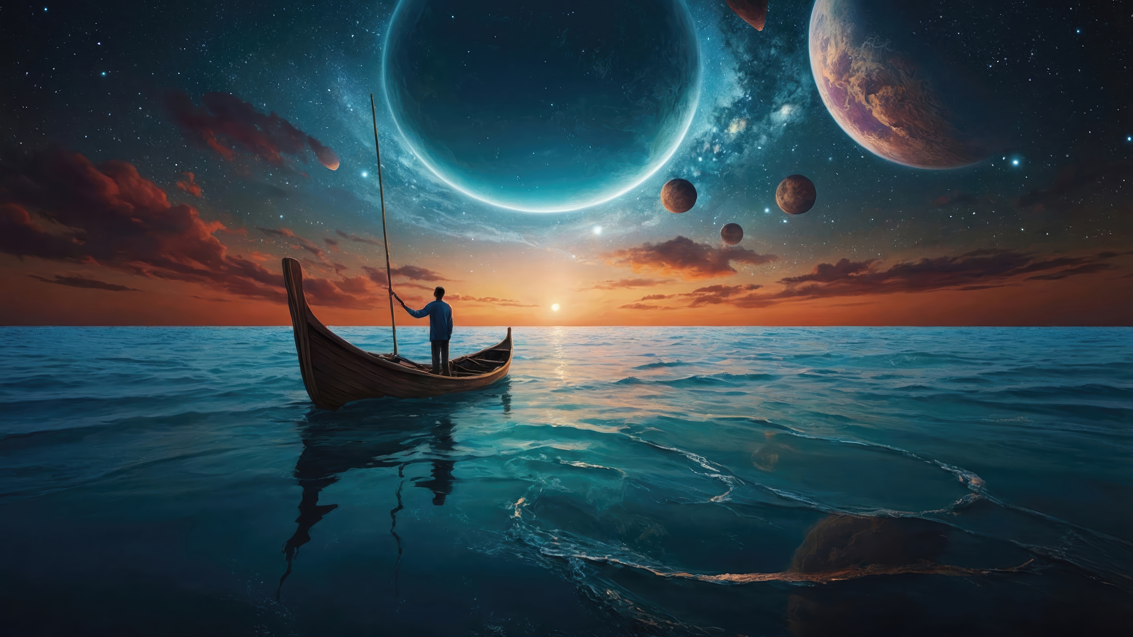 Man sailing on a boat under planets and stars HD Wallpaper