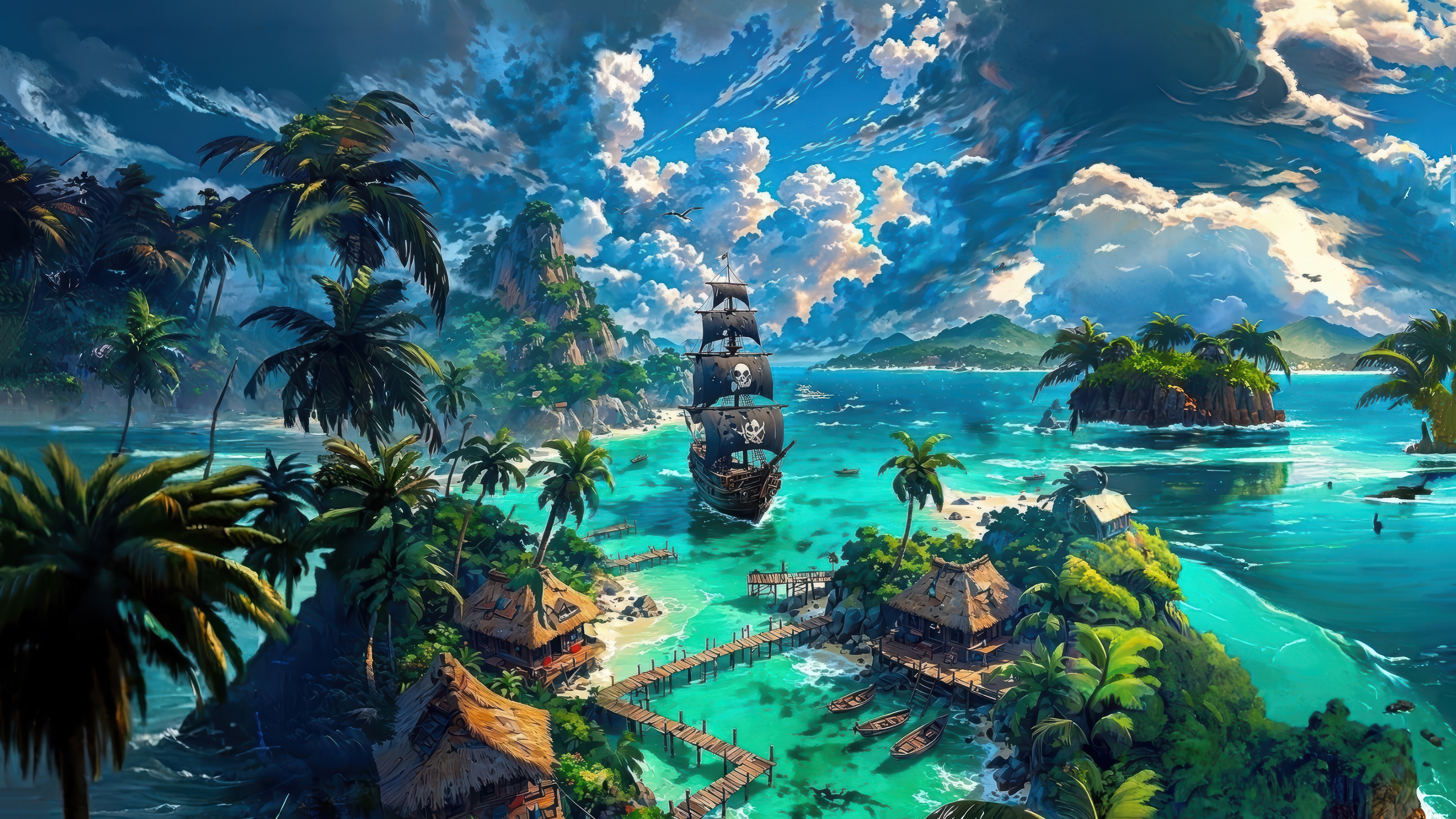 Pirate Ship Sailing Near Tropical Islands 4K HD Wallpaper