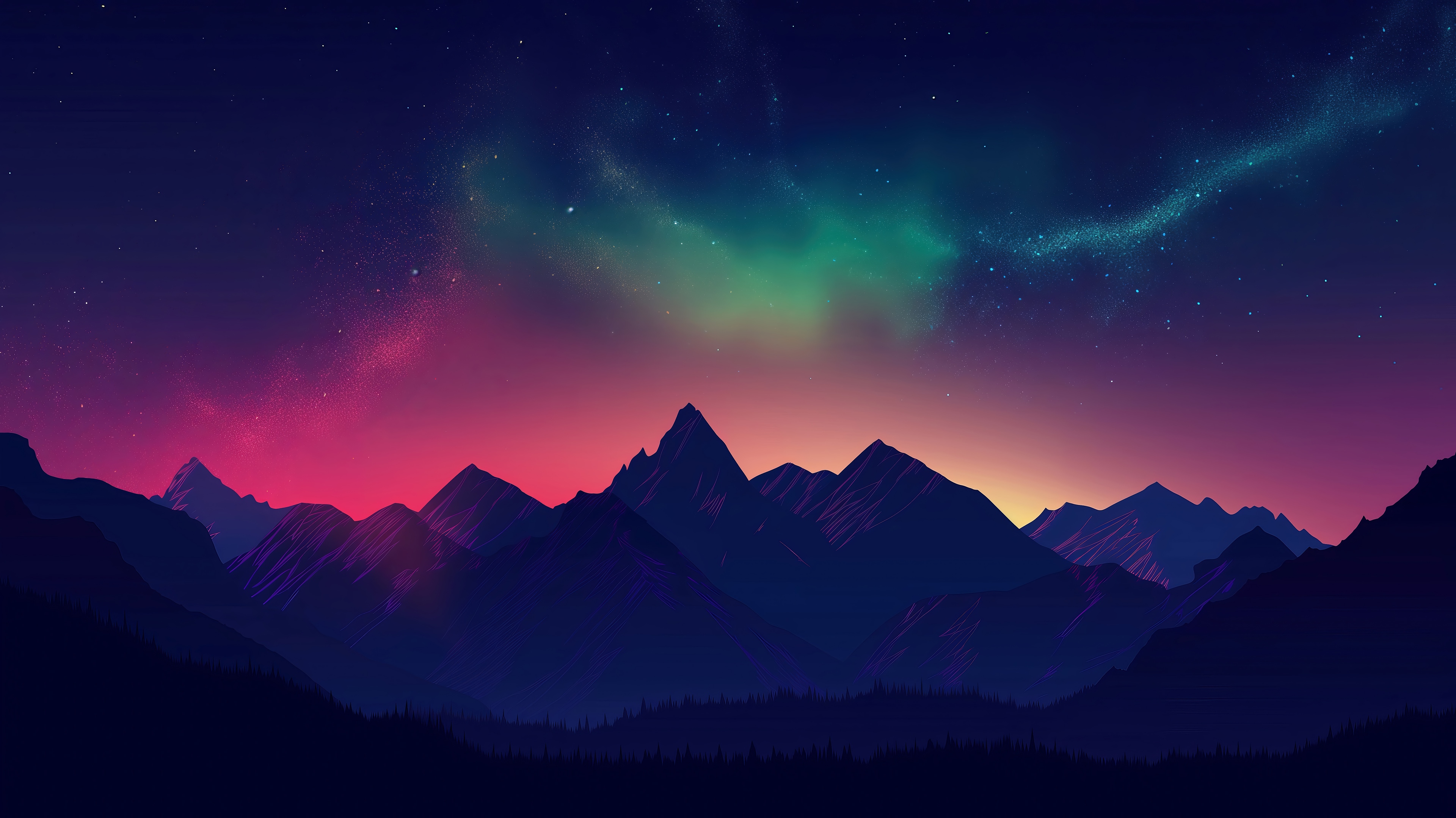 Mountain Scenery with Aurora Borealis at Night 4K HD Wallpaper